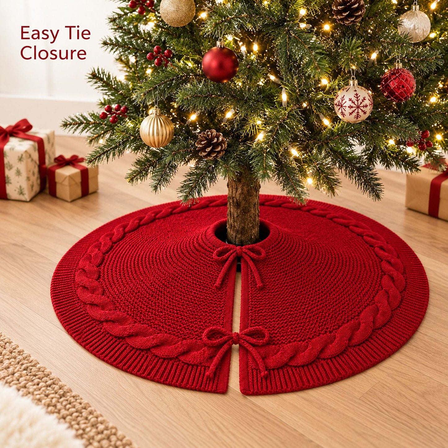 Cable Knit Christmas Tree Skirt with Bow Tie Closure