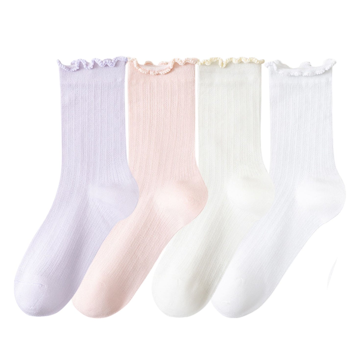 4-Pair Pack Soft Ribbed Ankle Socks with Ruffled Edge Trim Lightweight Knit Design in Multiple Color Combinations