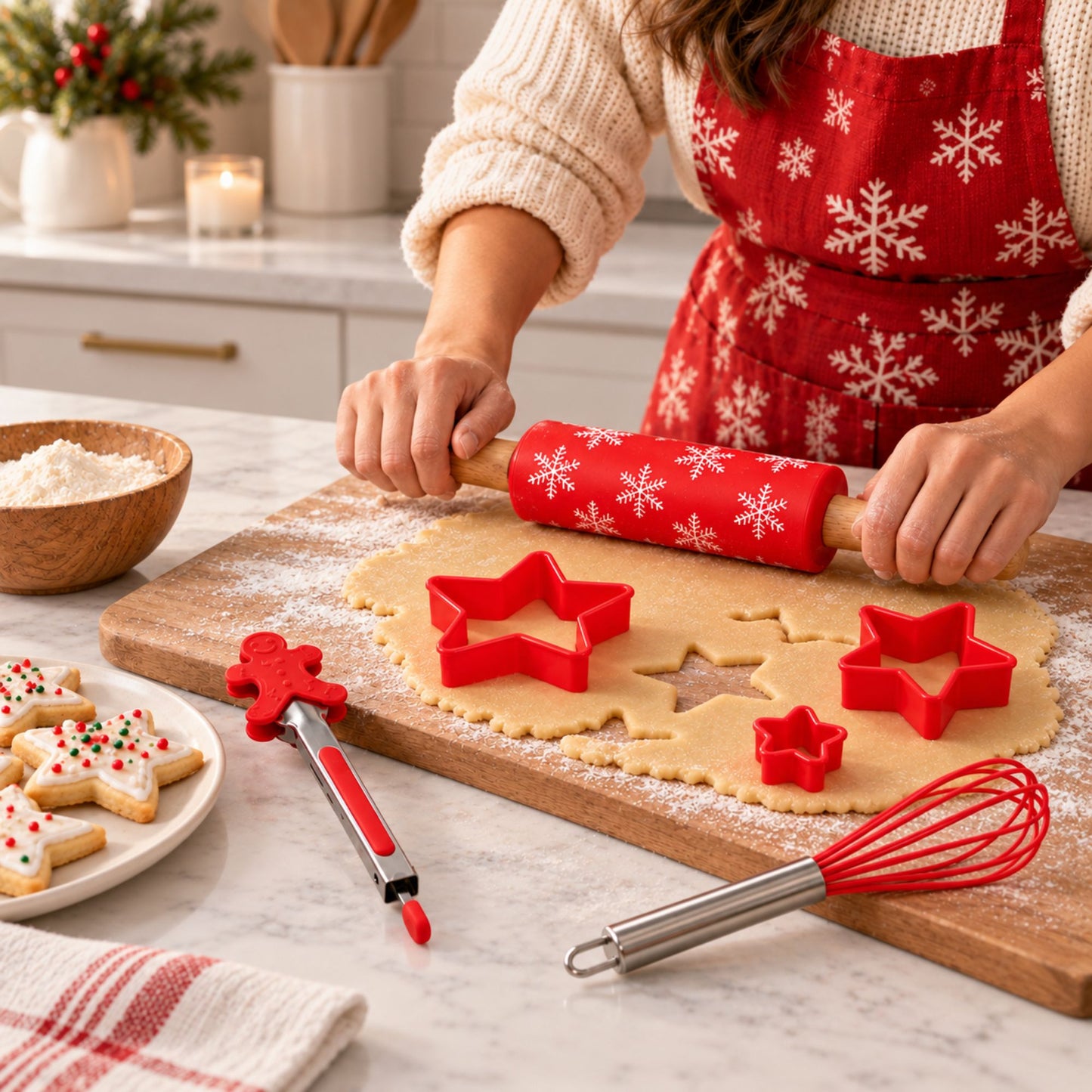 Christmas Baking Tool Set with Rolling Pin Whisk Tongs and Cookie Cutters