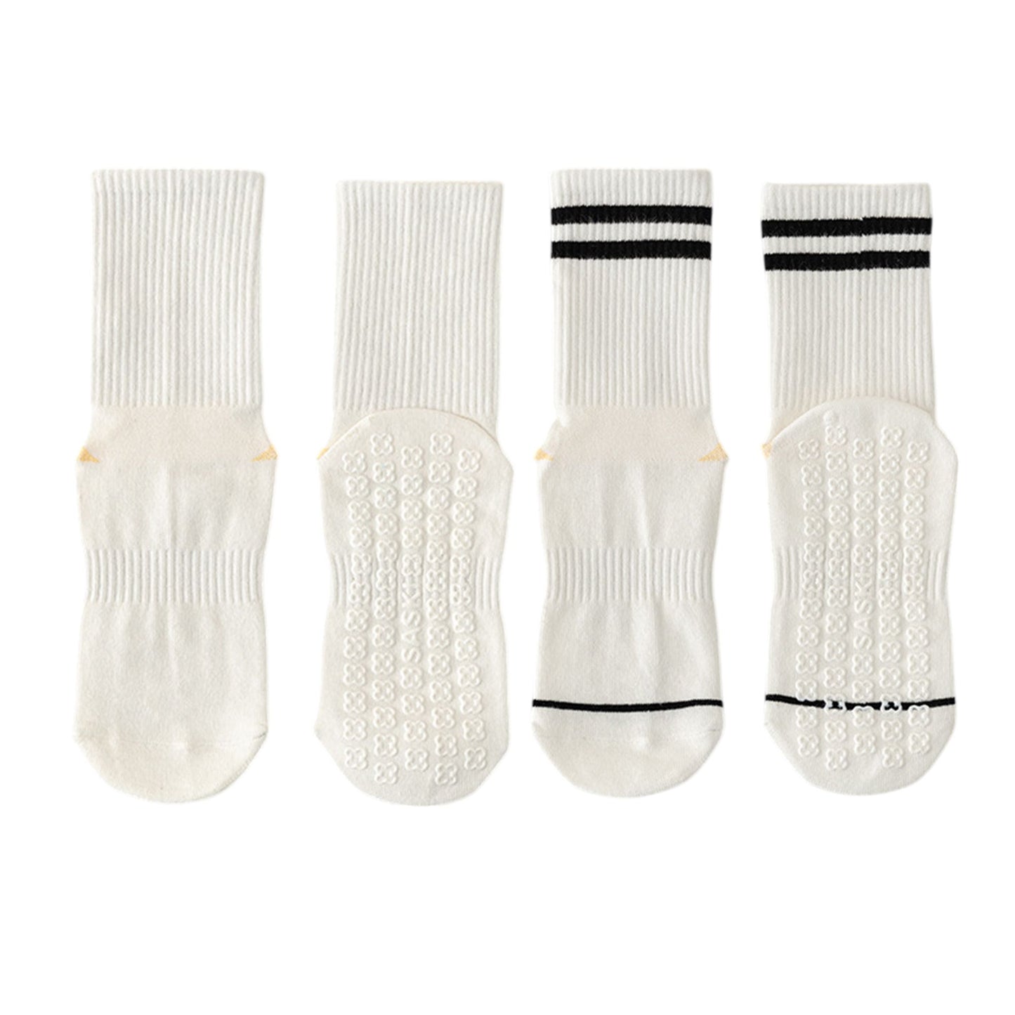 2-Pair Set Crew Athletic Socks with Striped Cuffs and Full Sole Grip for Yoga Fitness