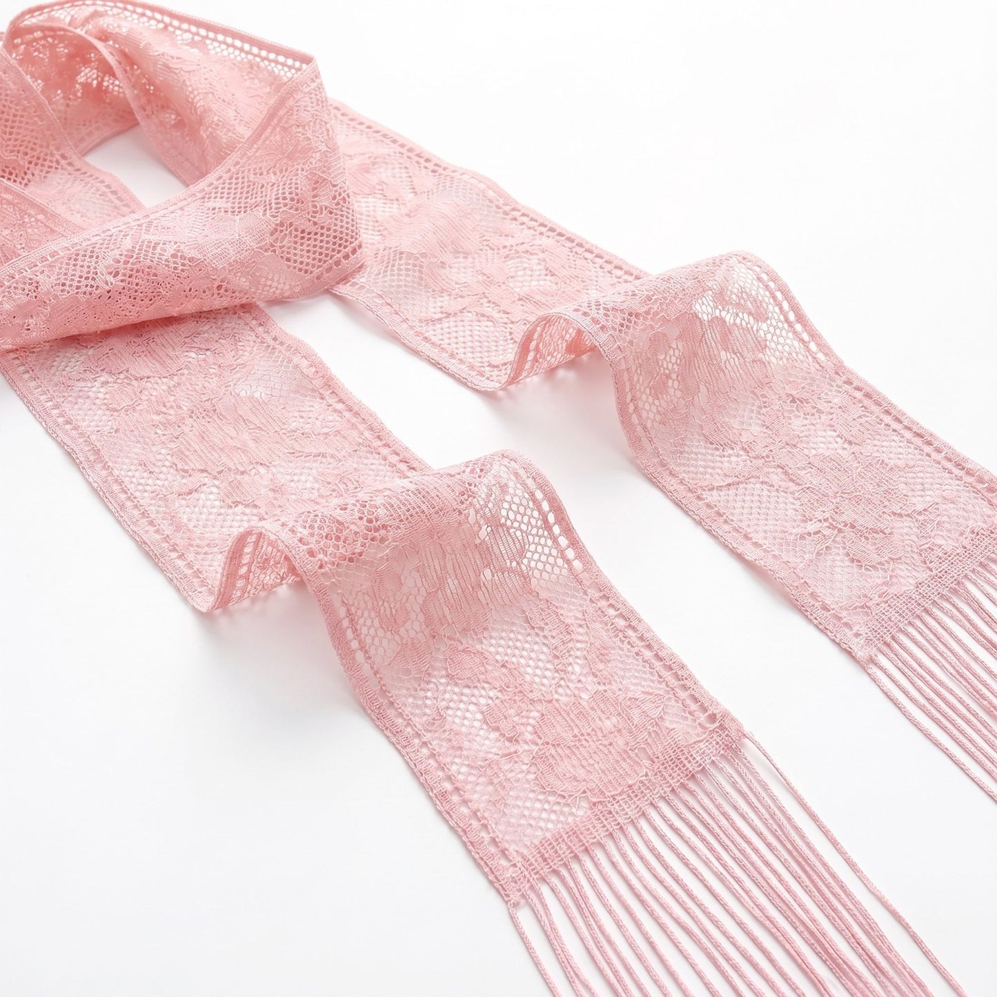 Lace Skinny Scarf with Floral Pattern Fringe Trim and Long Neck Tie Design