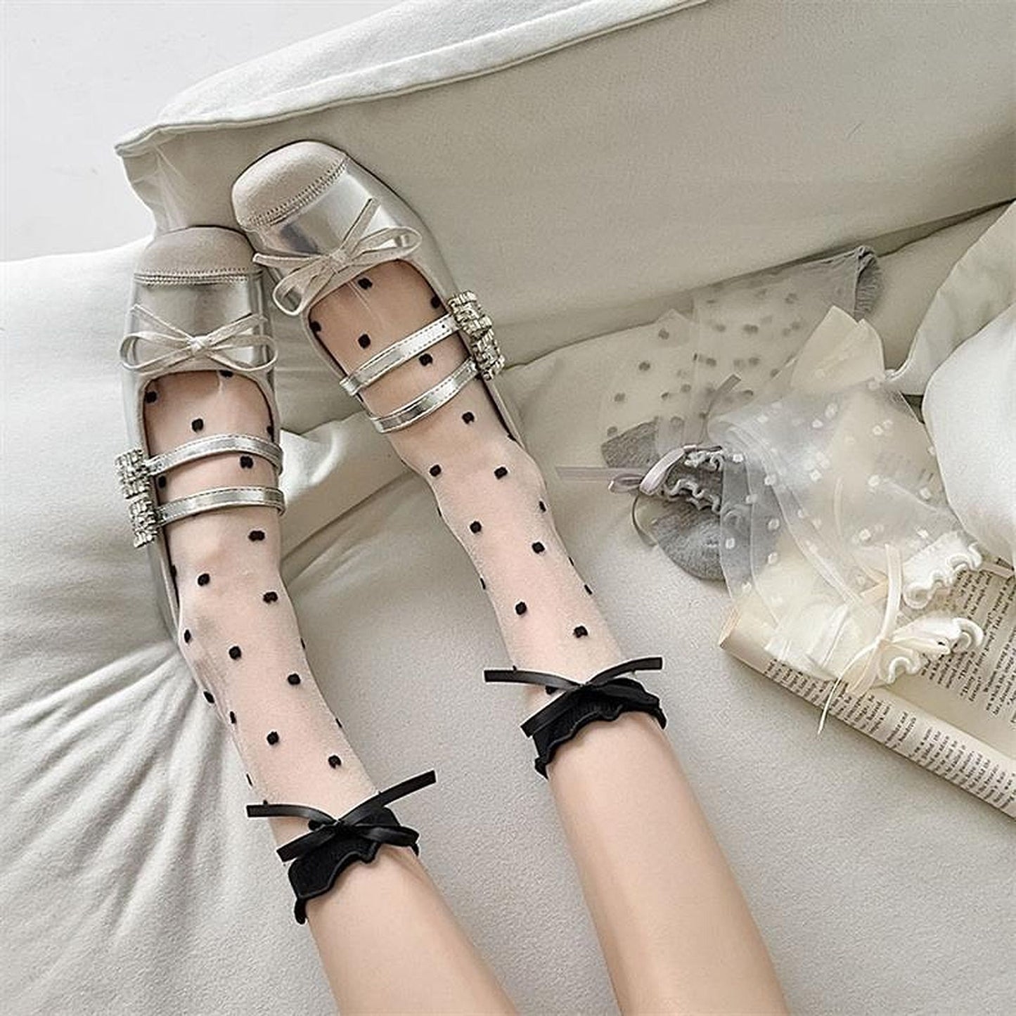 Sheer Polka Dot Ankle Socks with Bow Detail 6pk