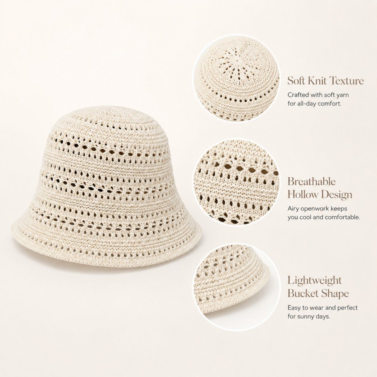 Crochet Bucket Hat Open Knit Brim Lightweight Packable Summer Beach Hat