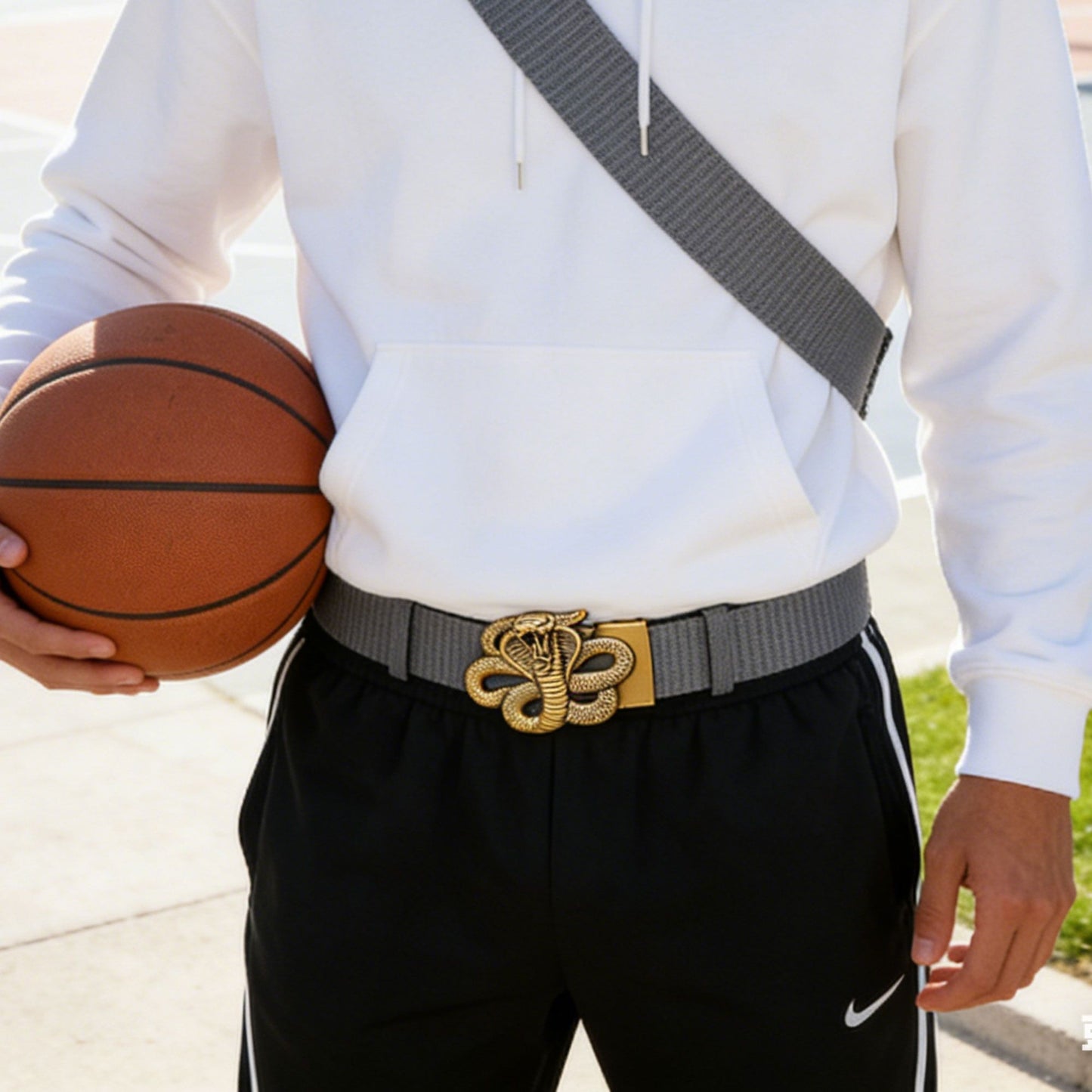 Nylon Belt with Gold Cobra Buckle - Bold Statement Buckle Belt for Edgy Casual & Stylish Outfits