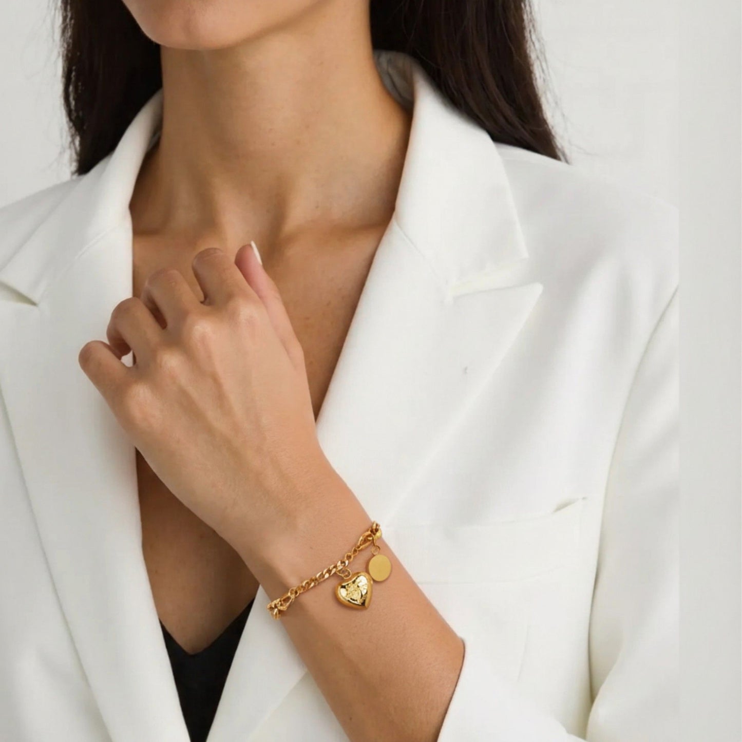 Chain Link Bracelet with Engraved Heart Charm and Smooth Round Pendant Detail for a Chic Polished Modern Accessory Style