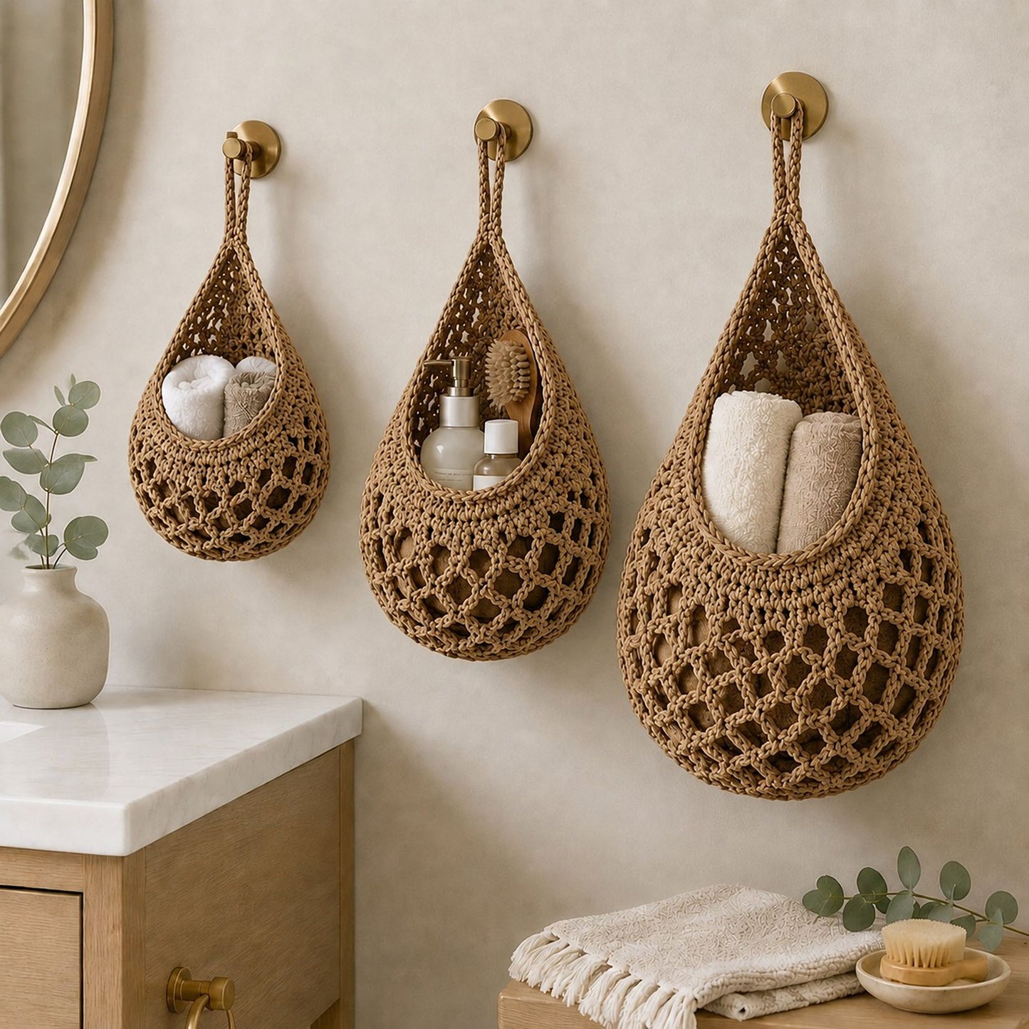 3pc Crochet Hanging Storage Basket Set Small Medium Large Wall Organizer Bins