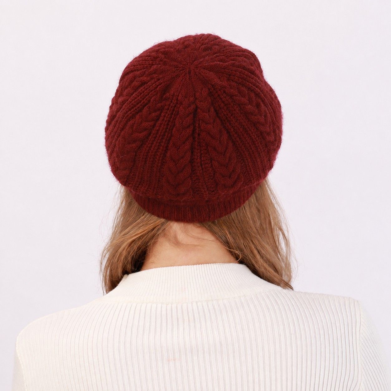 Cable Knit Brim Beanie Faux Fur Lined Warm Winter Hat