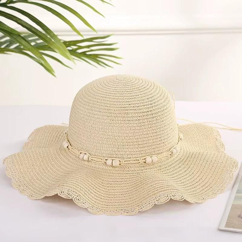 Women Straw Sun Hat Wide Brim Floppy Beach Hat Woven Scalloped Edge Adjustable Summer Hat