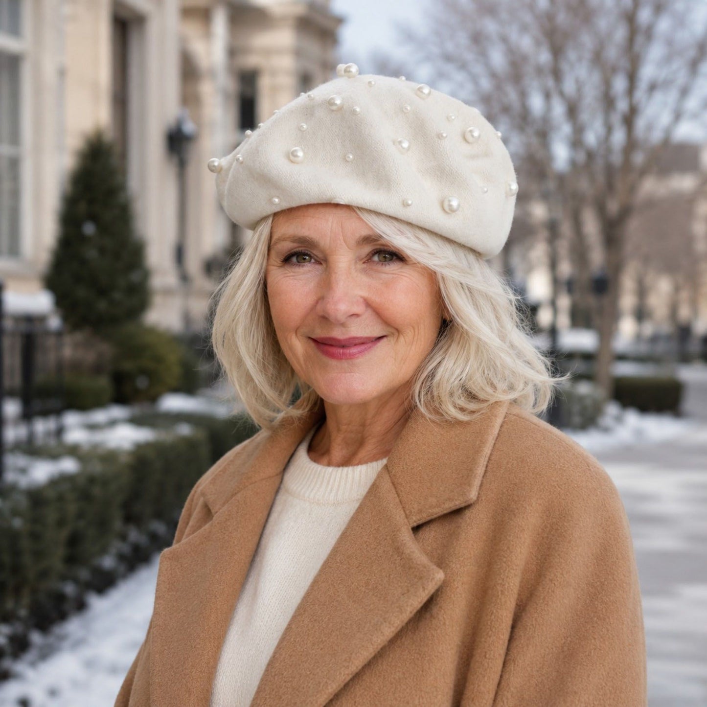 Pearl-Embellished Wool Knit Beret