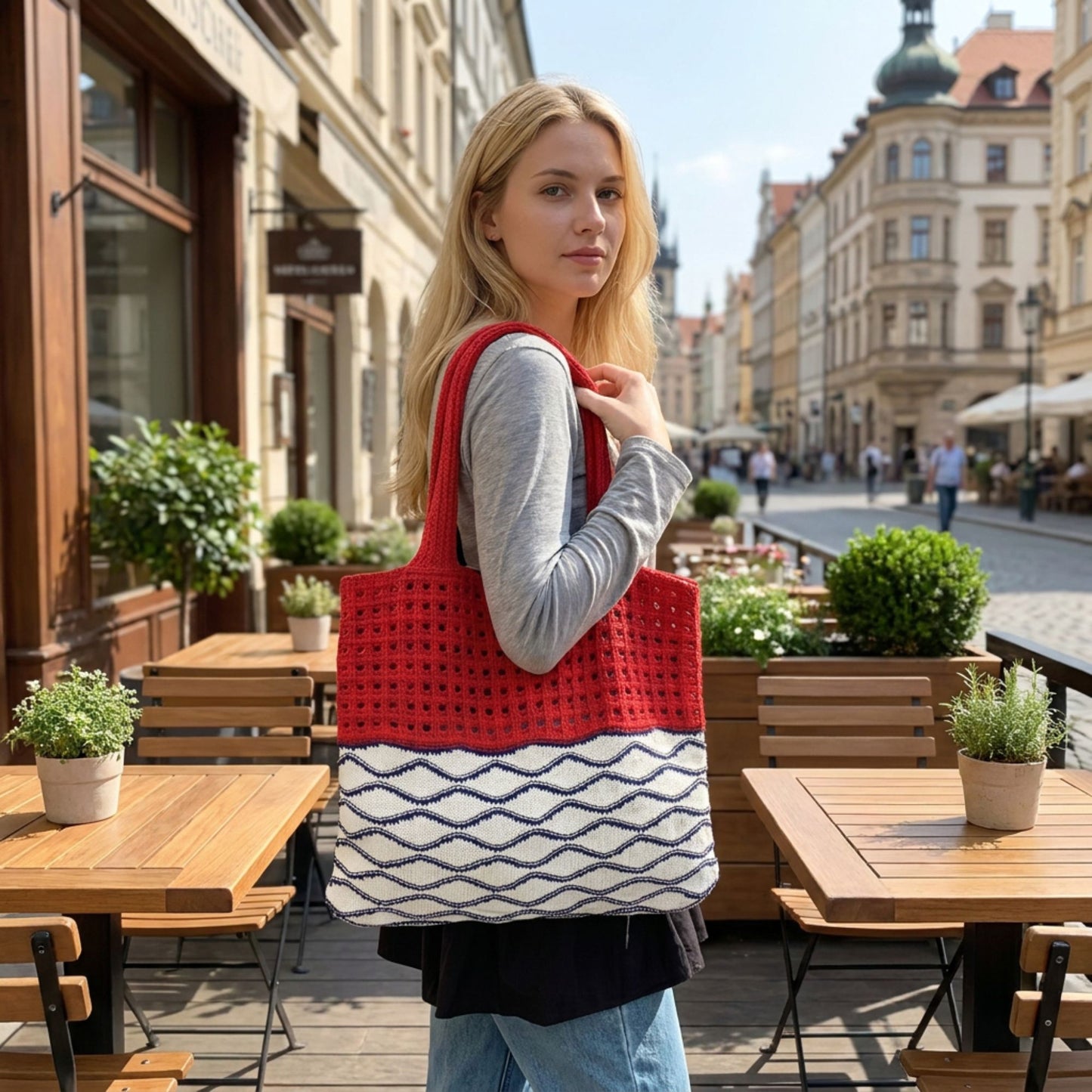 Crochet Knit Tote Bag with Openwork Design and Wave Pattern