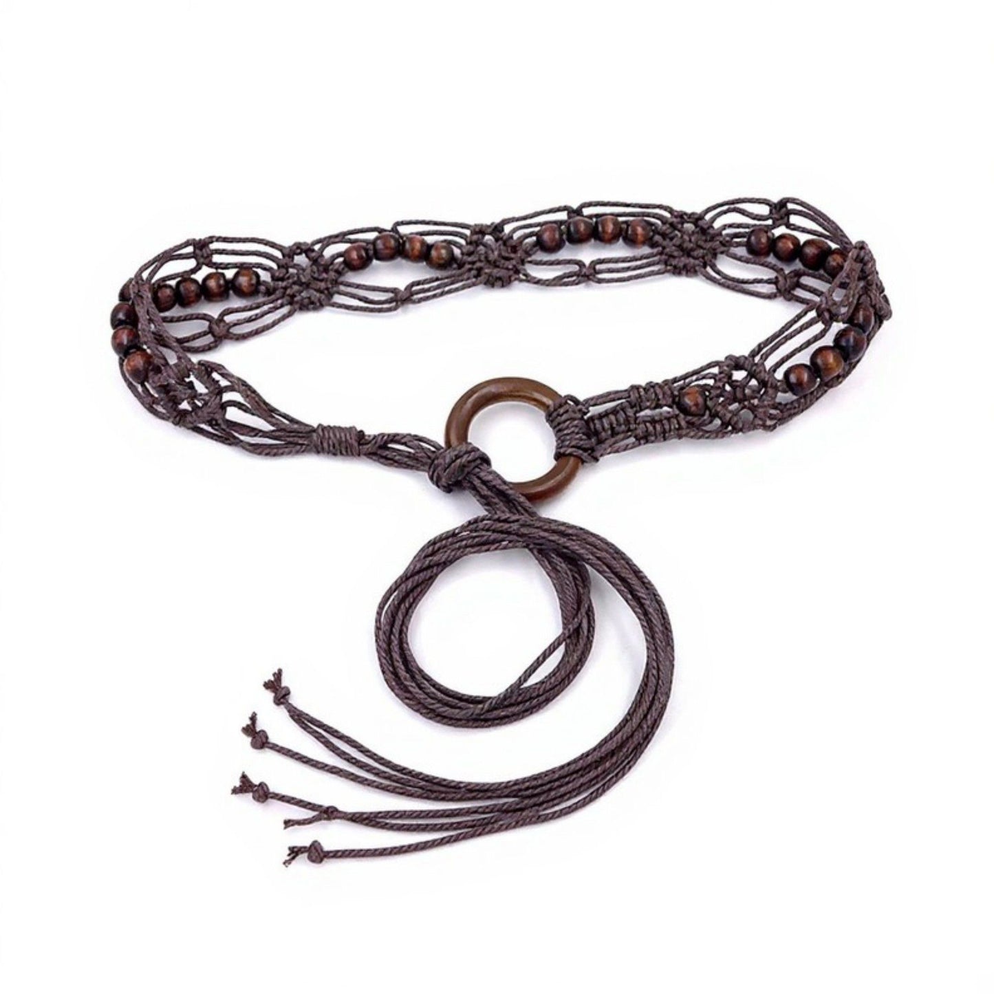 Woven Rope Belt with Large Circular Buckle and Bohemian Knot Detail 49in