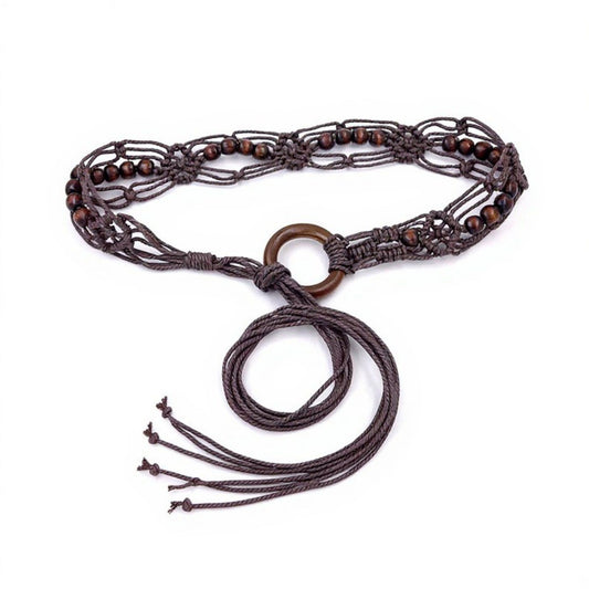 Woven Rope Belt with Large Circular Buckle and Bohemian Knot Detail 49in