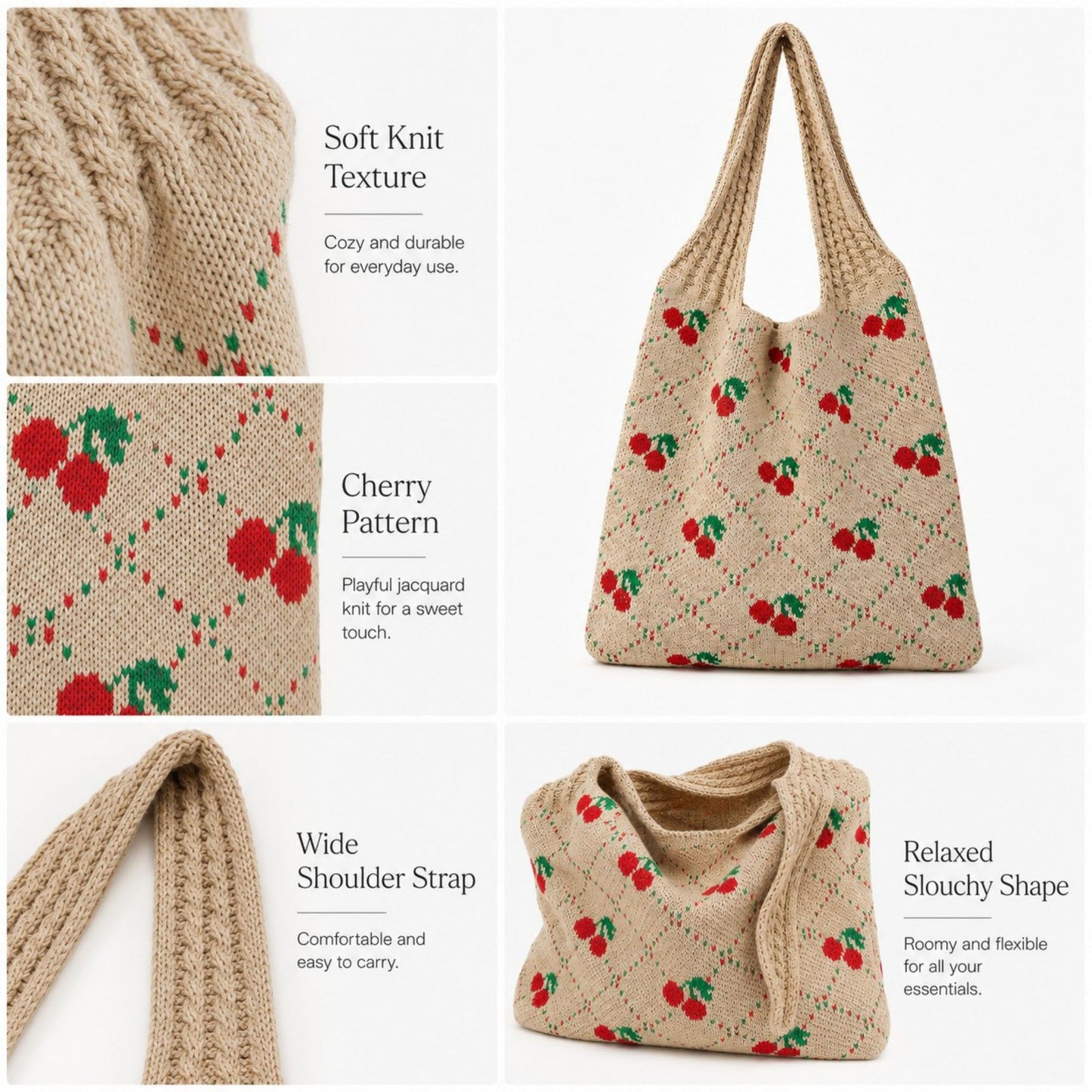 Cherry Knit Tote Bag Crochet Shoulder Purse Large Summer Beach Carryall