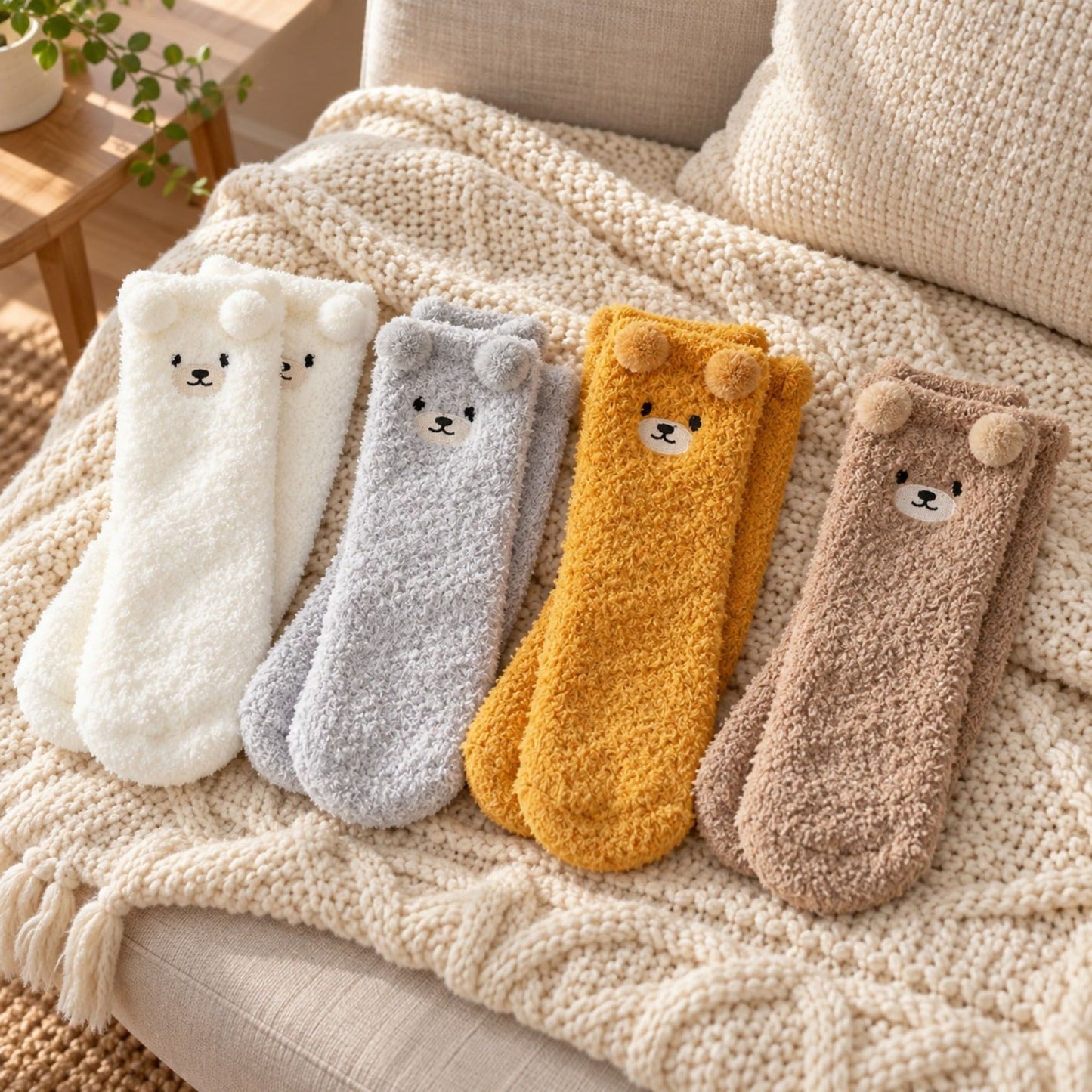 Bear Fuzzy Crew Socks 4-Pair Set US 5-10.5