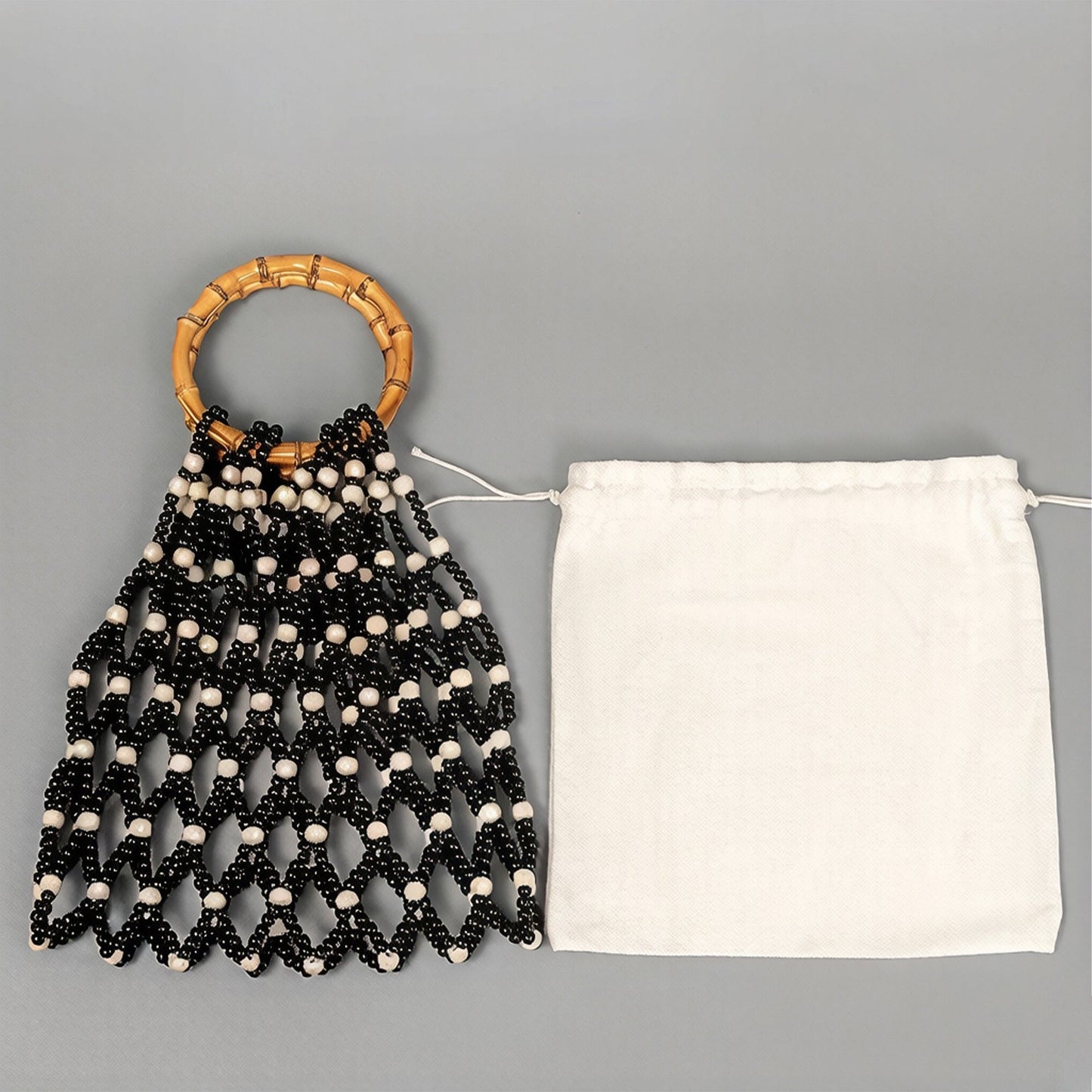 Beaded Drawstring Mini Bag with Bamboo Handle Structured Bucket Purse Lightweight Top Handle Handbag
