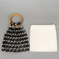 Beaded Drawstring Mini Bag with Bamboo Handle Structured Bucket Purse Lightweight Top Handle Handbag