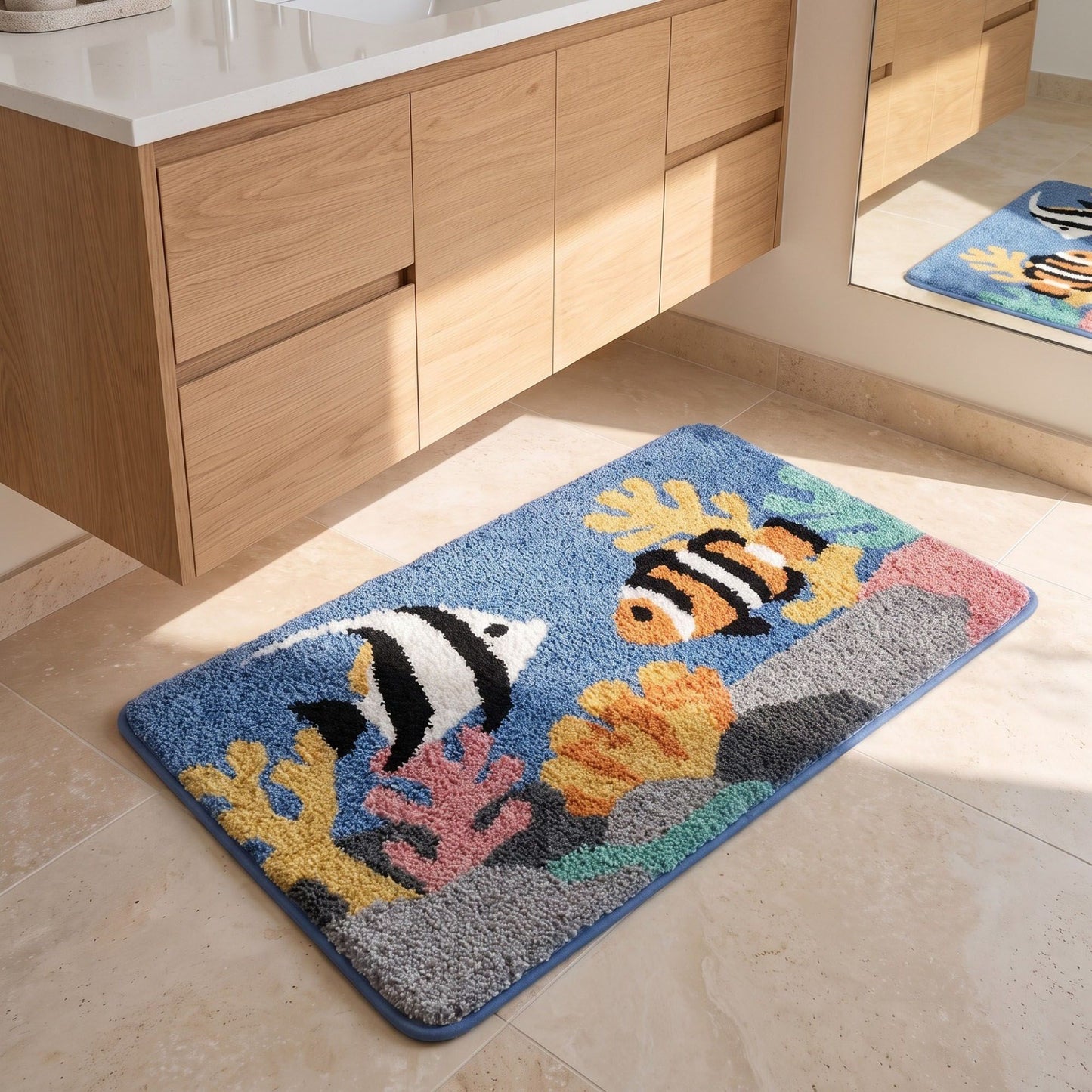 Coastal Beach Scene Plush Bathroom Mat with Umbrella and Ocean Wave Design