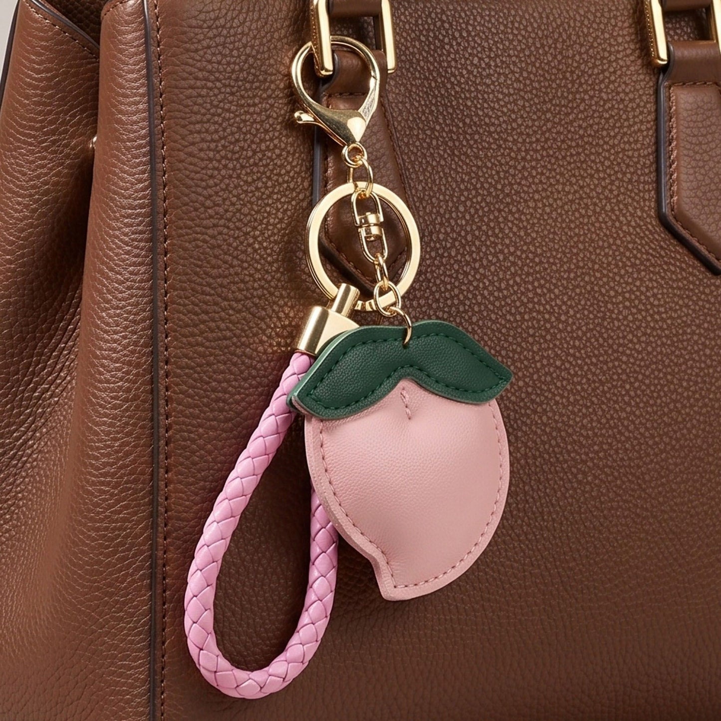 Peach Bag Charm with Braided Leather Loop and Gold Tone Hardware