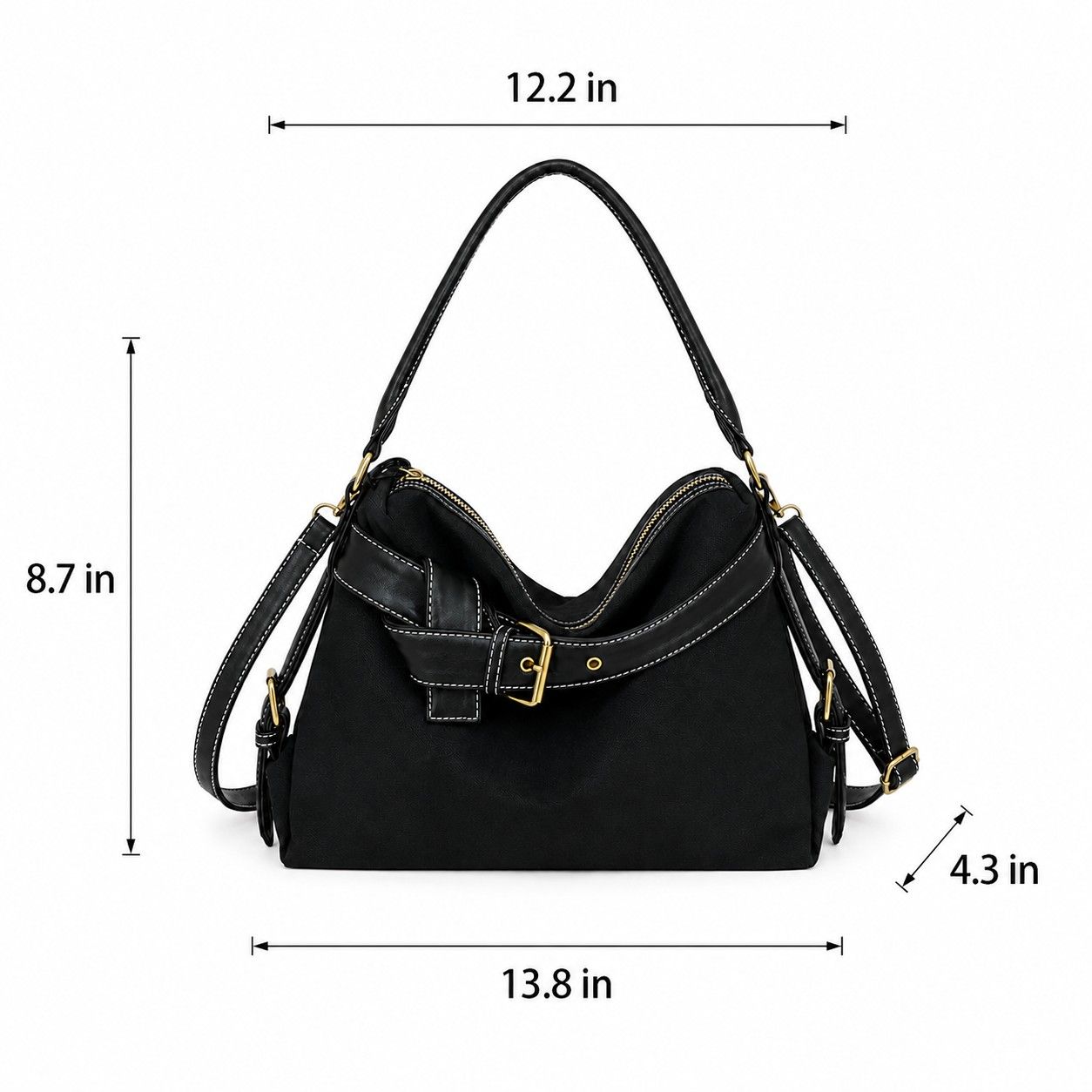 Slouchy Shoulder Hobo Bag with Adjustable Strap Buckle Detail and Inner Zip Pocket