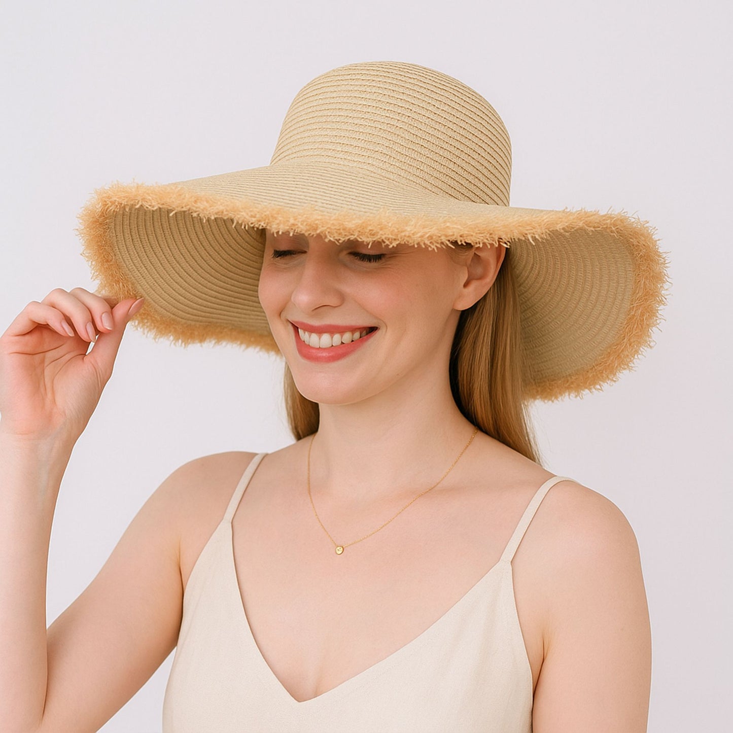 Wide Brim Straw Floppy Hat with Frayed Edges Lightweight Sun Protection for Beach Vacation Outdoor Travel Style