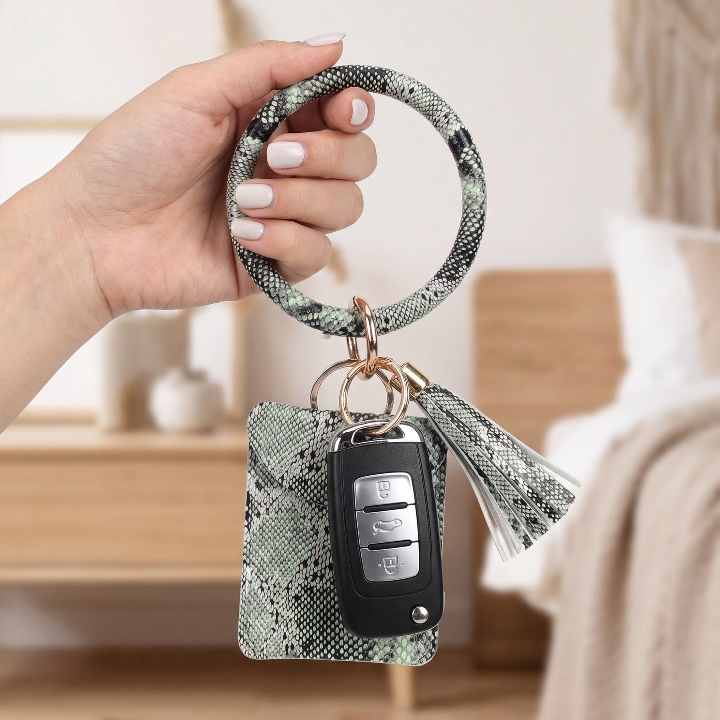 Womens Snakeskin Print Wristlet Keychain with Mini Pouch and Tassel