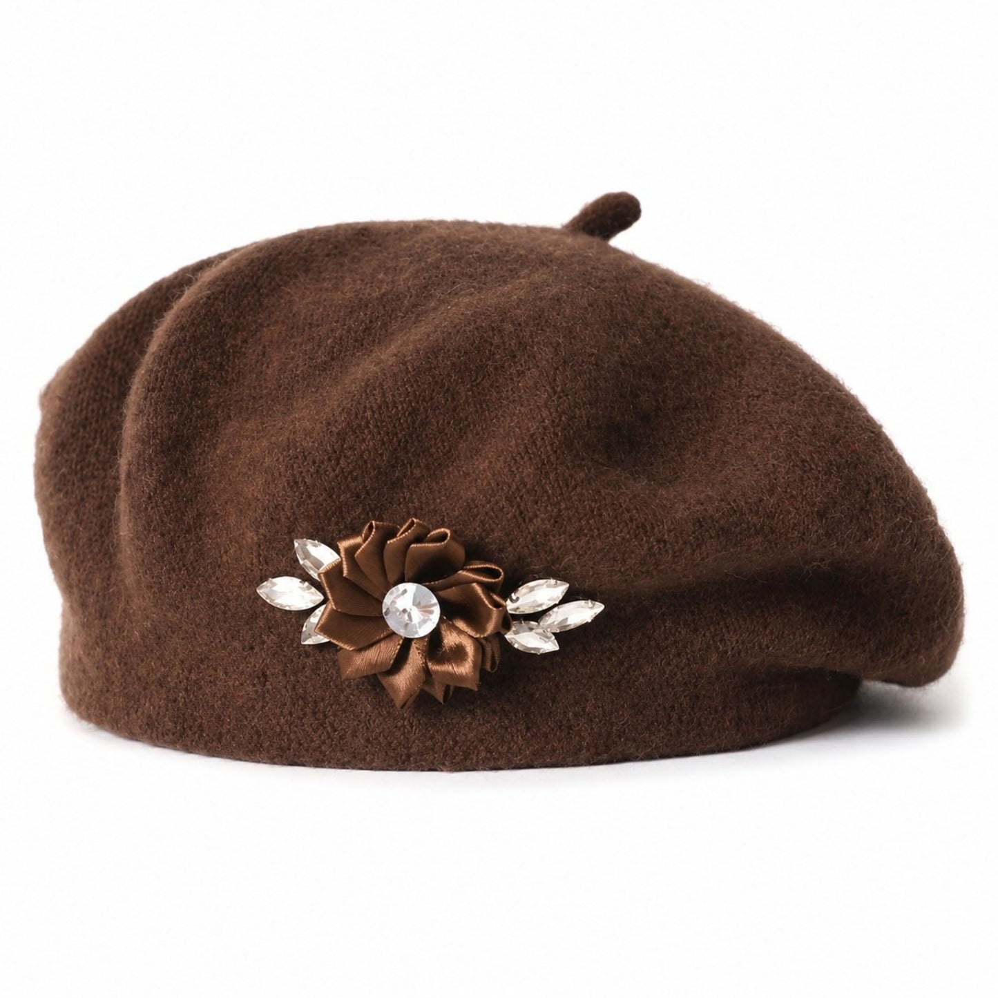 Rhinestone & Flower Embellished Knit Wool Beret