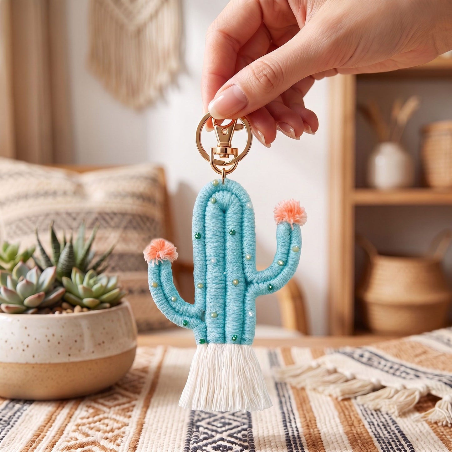 Cactus Macrame Keychain with Tassel Bag Charm