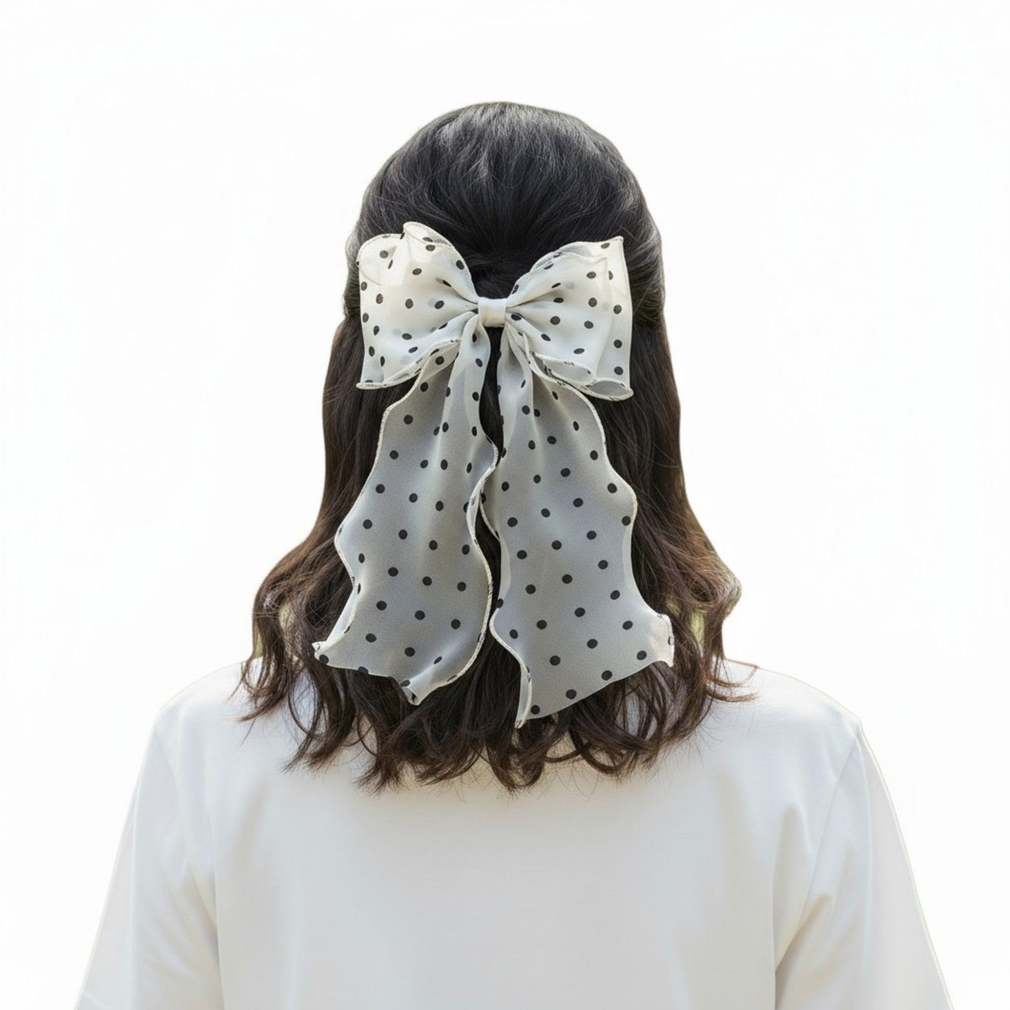 Polka Dot Chiffon Bow Hair Clip with Flowing Ribbon Tails and Lightweight Sheer Fabric