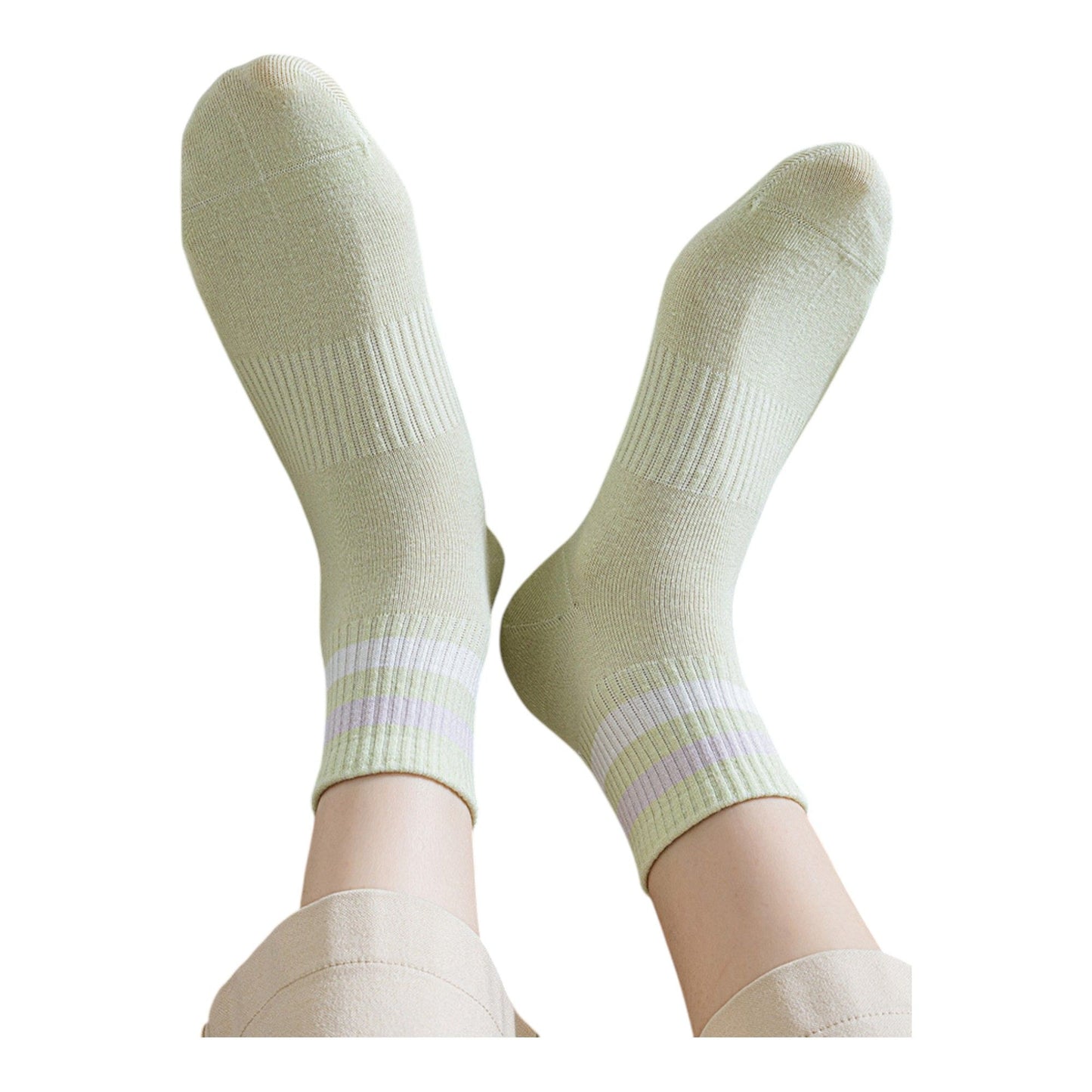 5 Pairs Women Cotton Ankle Socks with Pastel Striped Cuffs Soft Breathable Knit Fabric for Everyday Comfort