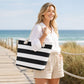 Striped Canvas Beach Tote Bag with Zip Closure and Rope Shoulder Handles