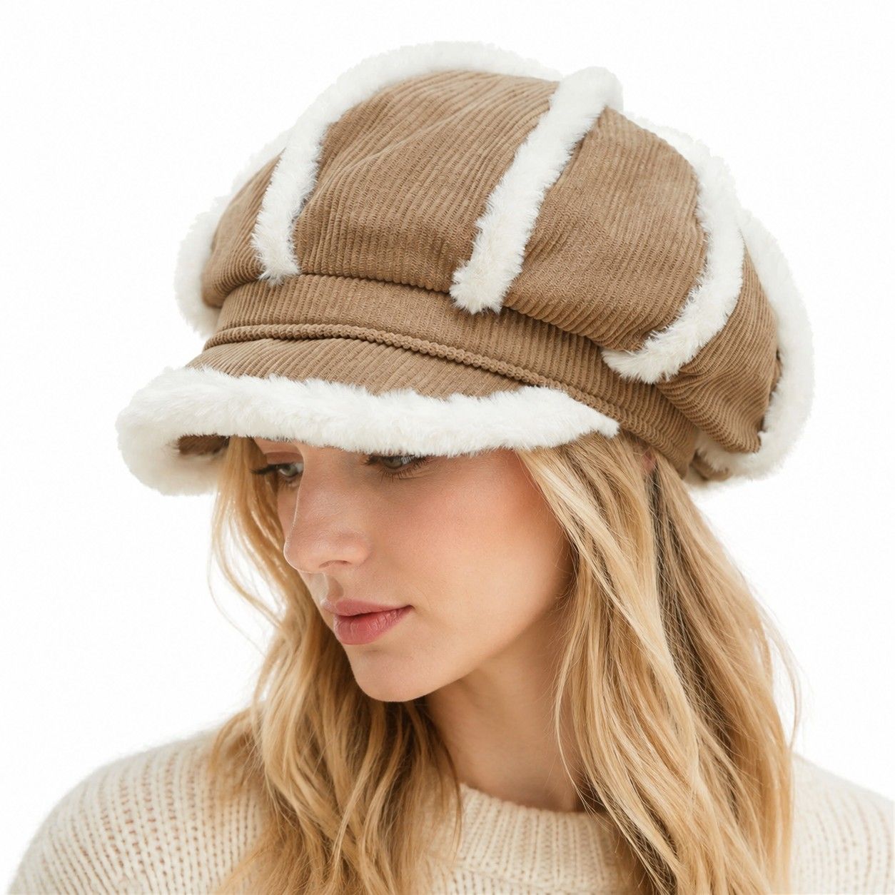 Corduroy Newsboy Cap Faux Fur Trim Baker Boy Hat Warm Casual Style