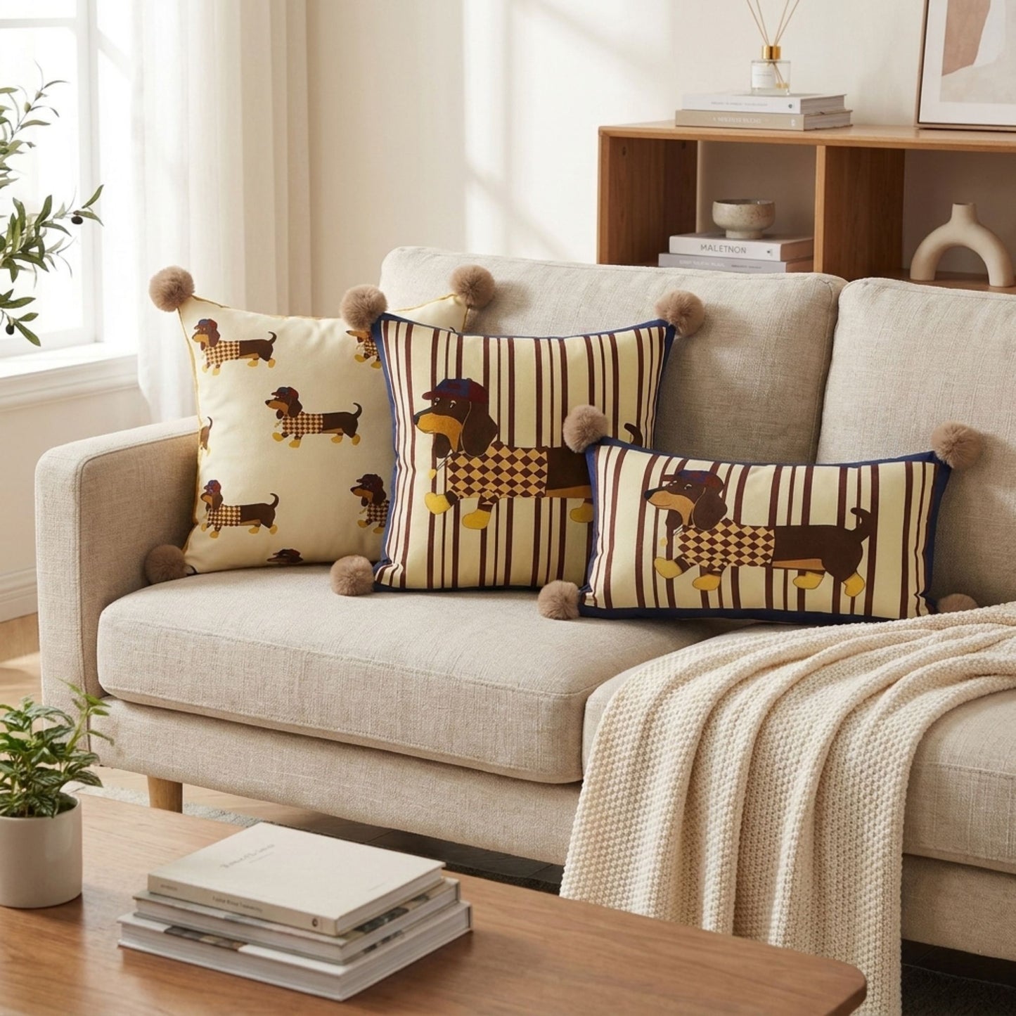 Dachshund Dog Print Decorative Throw Pillow Cover with Pom Pom Corners and Hidden Zipper