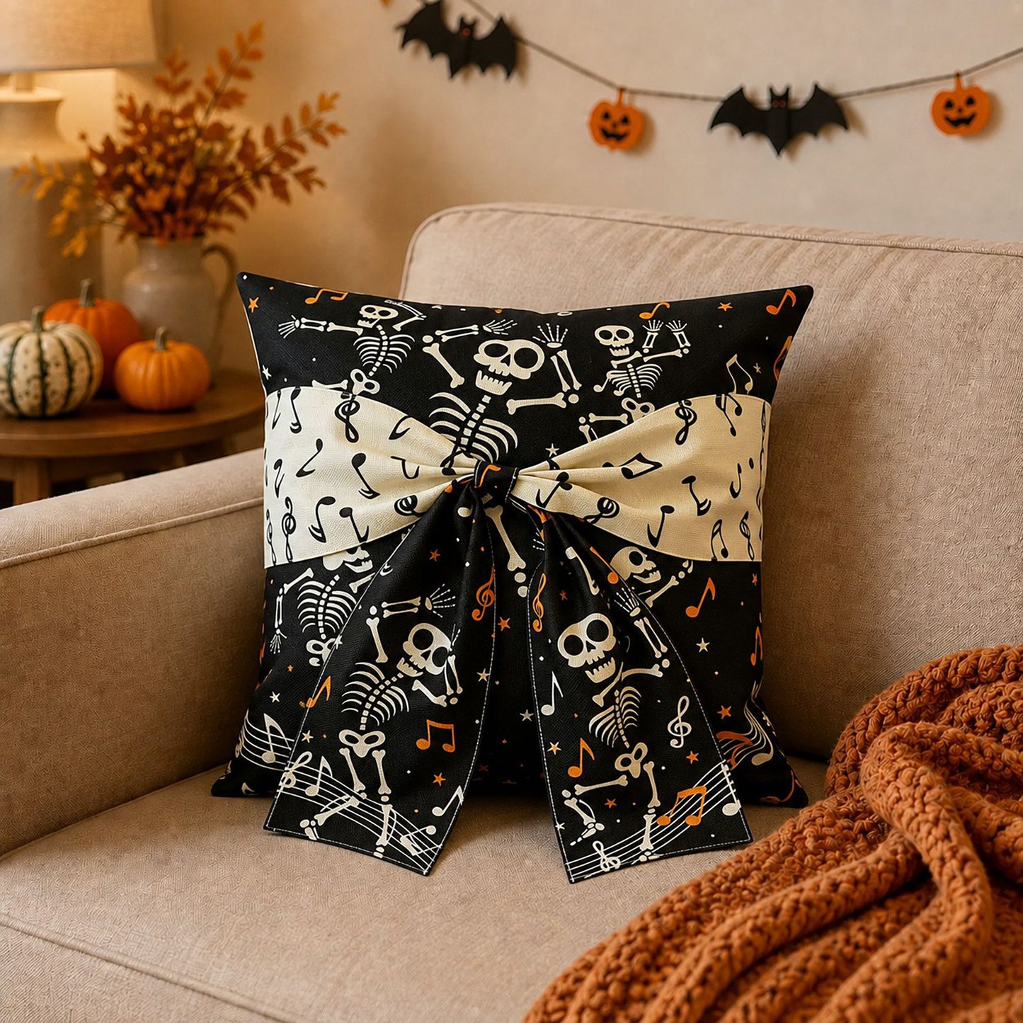 Halloween Throw Pillow Cover with Decorative Bow 18 x 18 Inch