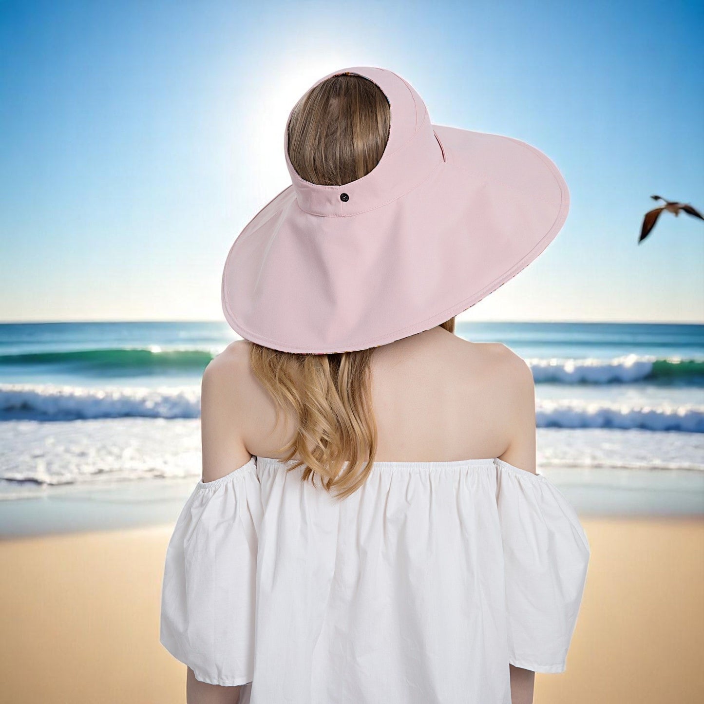Wide Brim Sun Hat with Ponytail Hole Neck Tie Closure and Patterned Lining for UV Protection and Outdoor Style