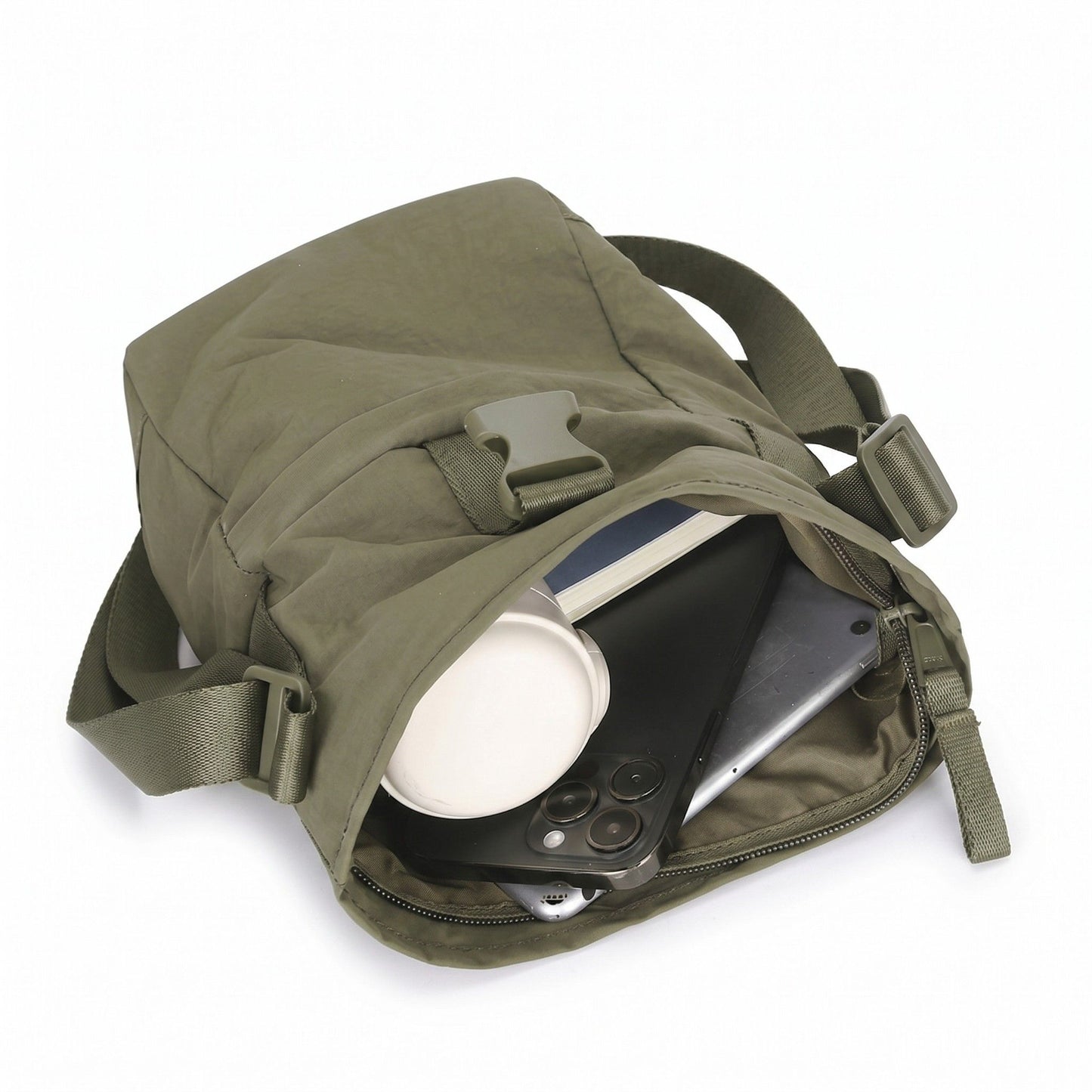 Water Resistant Nylon Crossbody Bucket Bag Adjustable Strap Multi Pocket Everyday Travel Bag