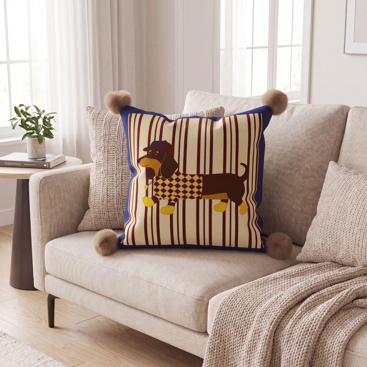 Dachshund Dog Print Decorative Throw Pillow Cover with Pom Pom Corners and Hidden Zipper