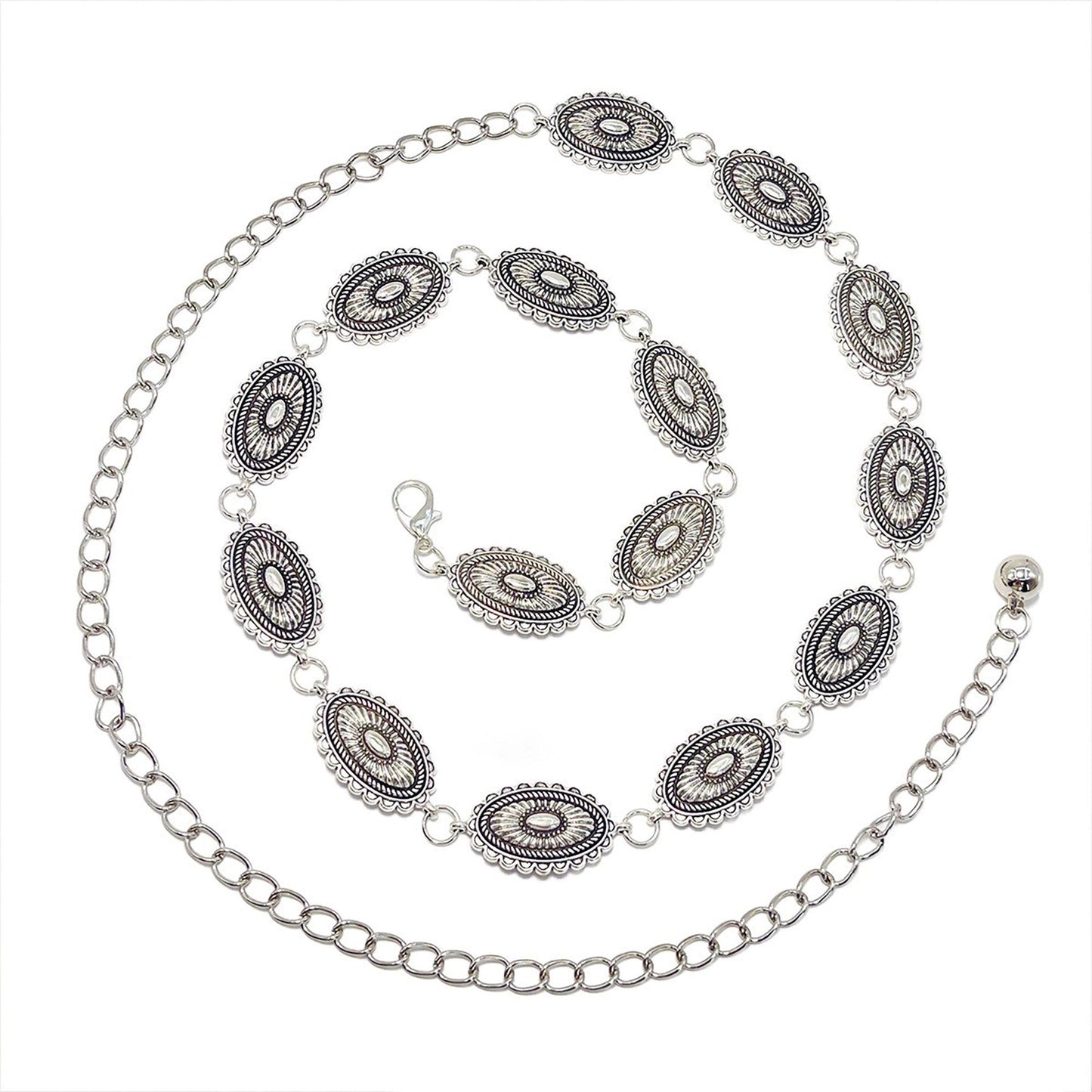 Western Concho Chain Waist Belt - Oval Engraved Medallion Disc, Vintage Boho Statement Style