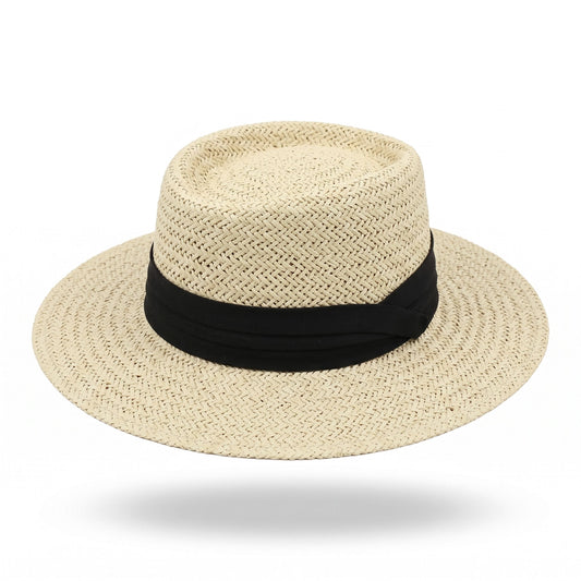 Straw Boater Hat Flat Top Wide Brim Summer Beach Sun Hat Lightweight