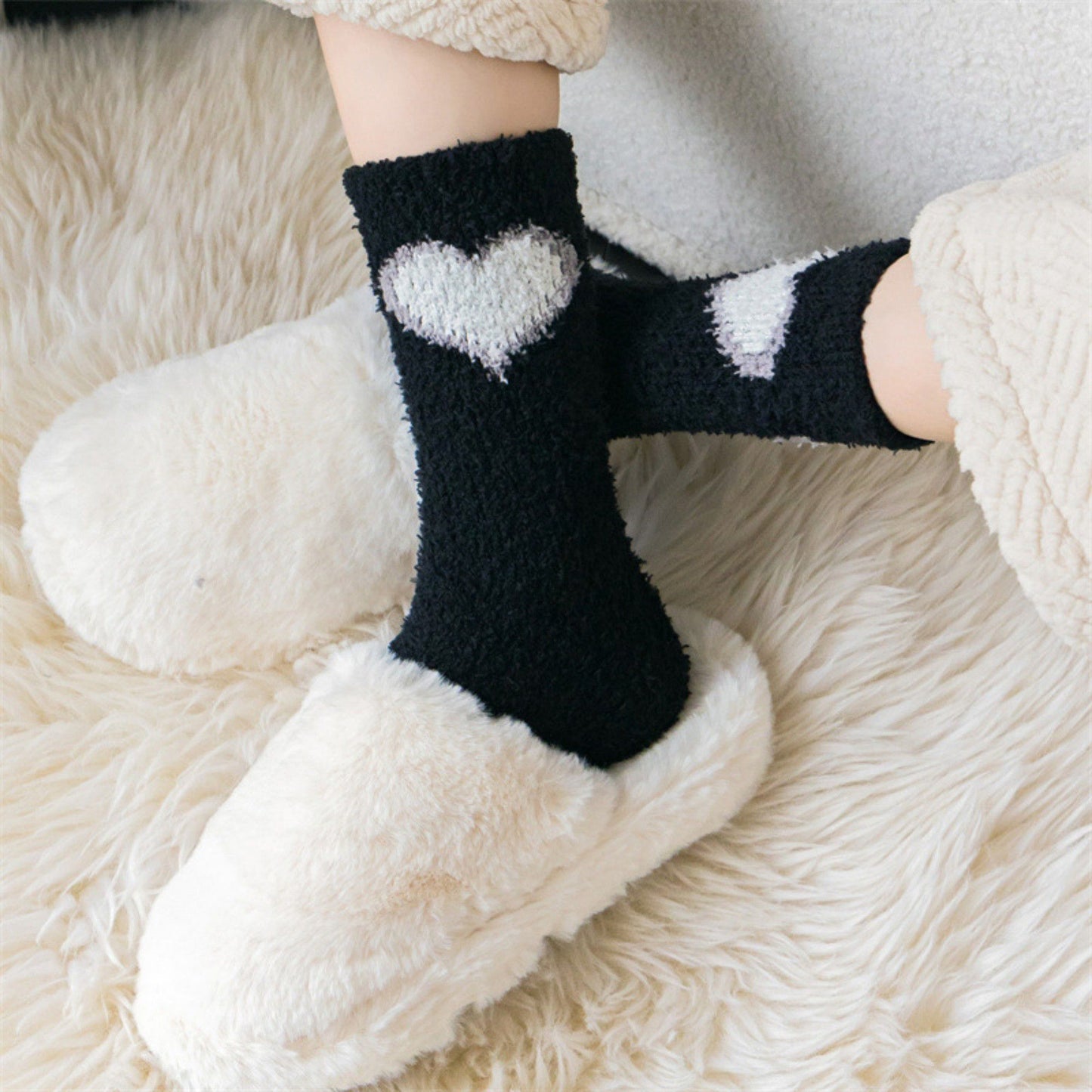 3-Pair Fuzzy Valentine Heart Knit Crew Socks Set with Soft Plush Texture, Stretchy Cozy Fabric, and Cute Heart Accent for Gifting