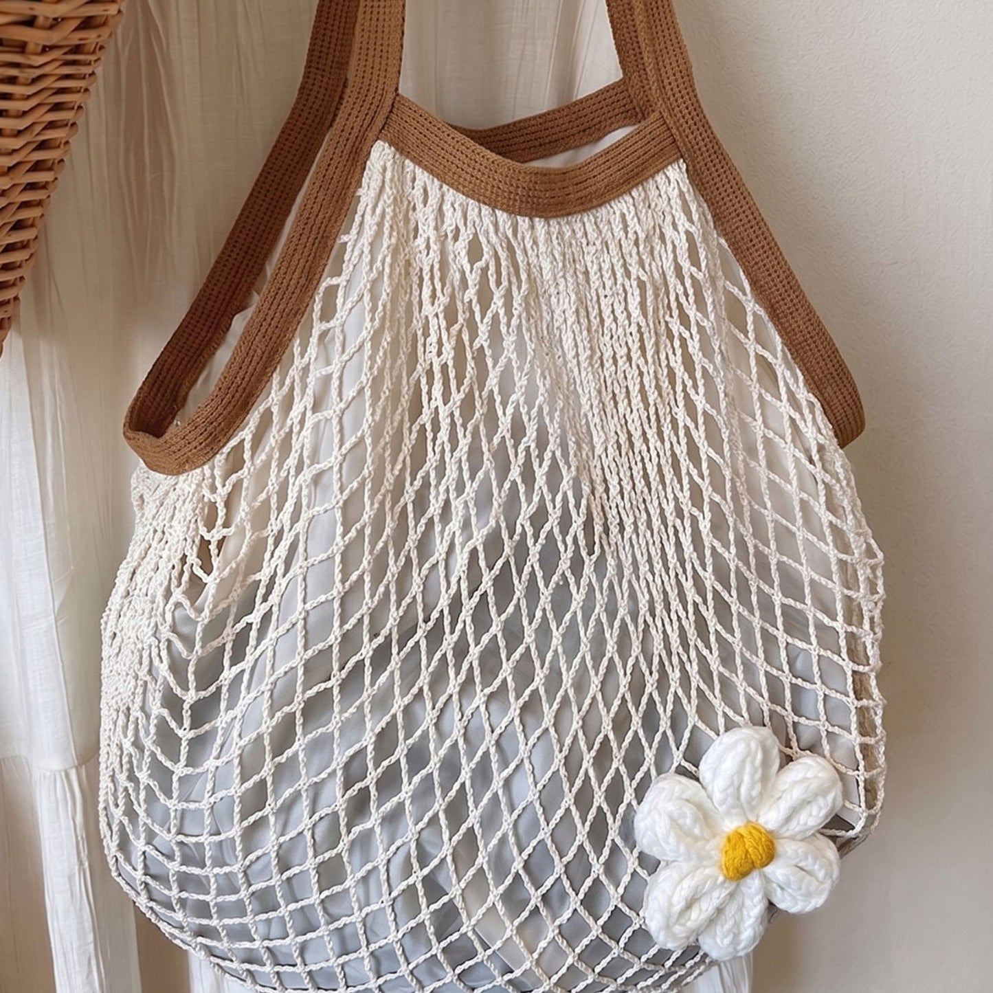 Crochet Style Net Tote Bag with Daisy Accent and Shoulder Straps