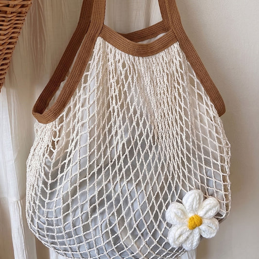 Crochet Style Net Tote Bag with Daisy Accent and Shoulder Straps