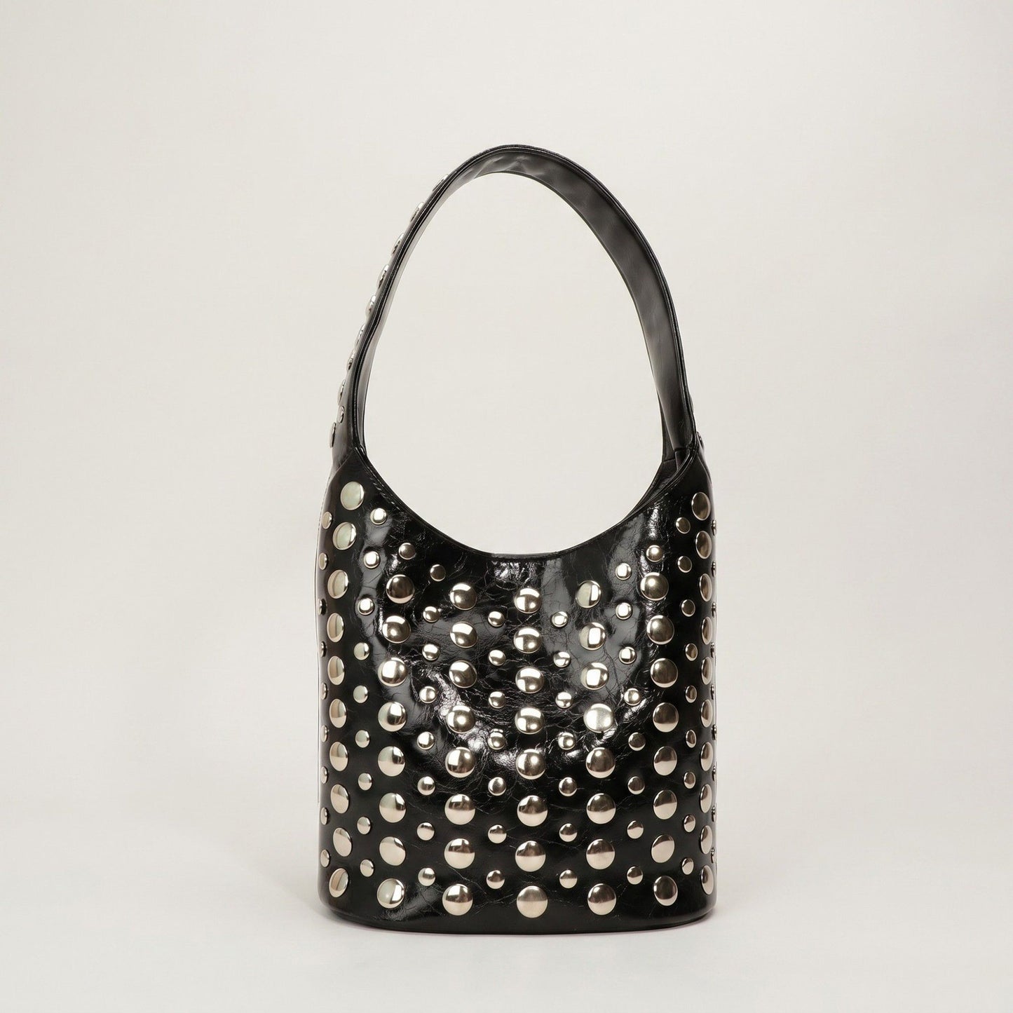 Studded Bucket Shoulder Bag with Glossy Finish Wide Strap Structured Silhouette Fashion Handbag 9.5x8.5x5 in