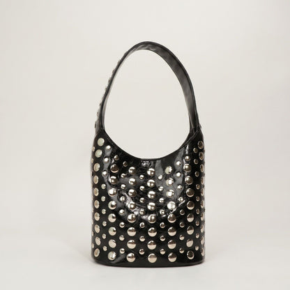 Studded Bucket Shoulder Bag with Glossy Finish Wide Strap Structured Silhouette Fashion Handbag 9.5x8.5x5 in