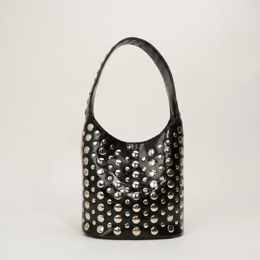 Studded Bucket Shoulder Bag with Glossy Finish Wide Strap Structured Silhouette Fashion Handbag 9.5x8.5x5 in
