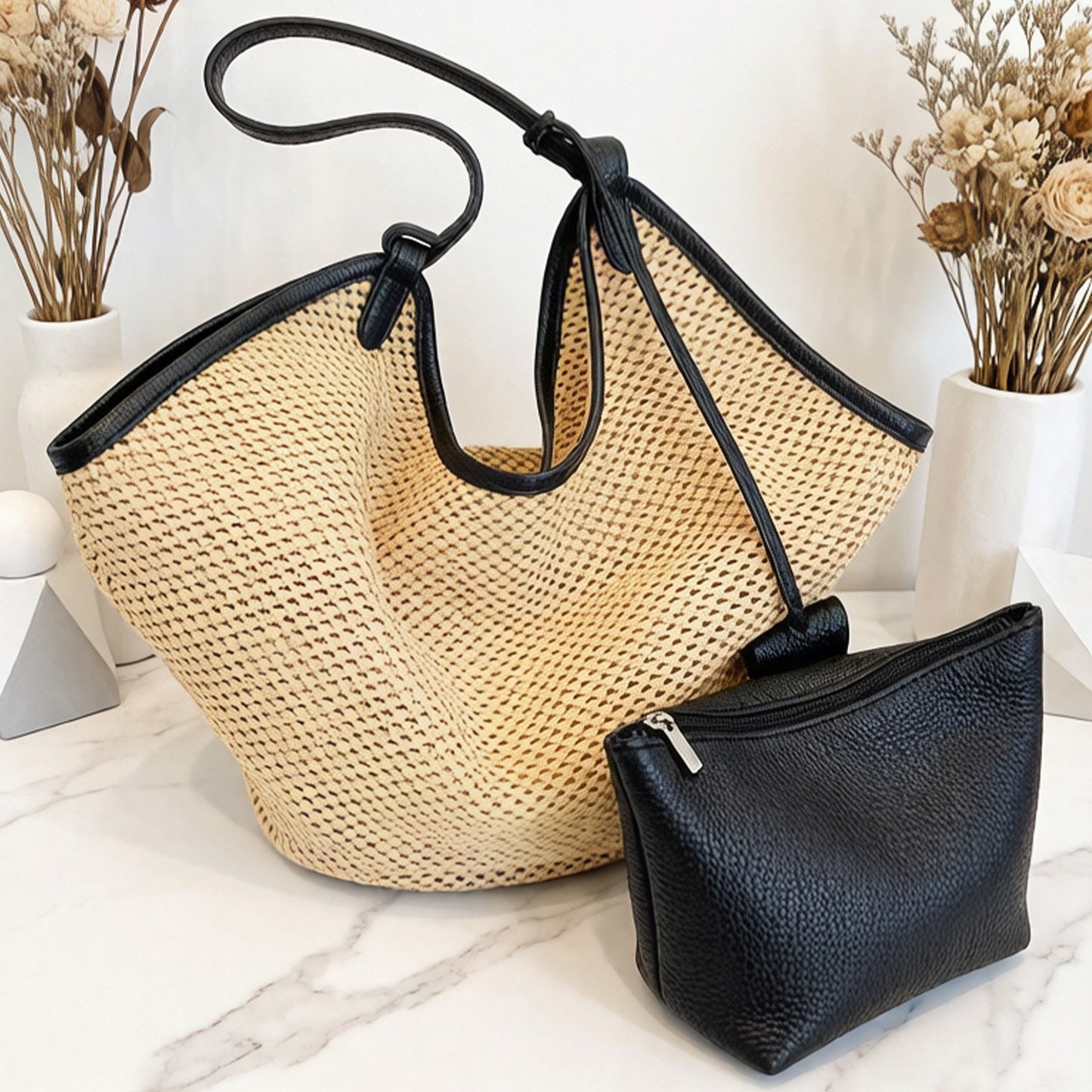 Woven Shoulder Bag with Faux Leather Trim Slouchy Hobo Handbag Lightweight Large Capacity Tote