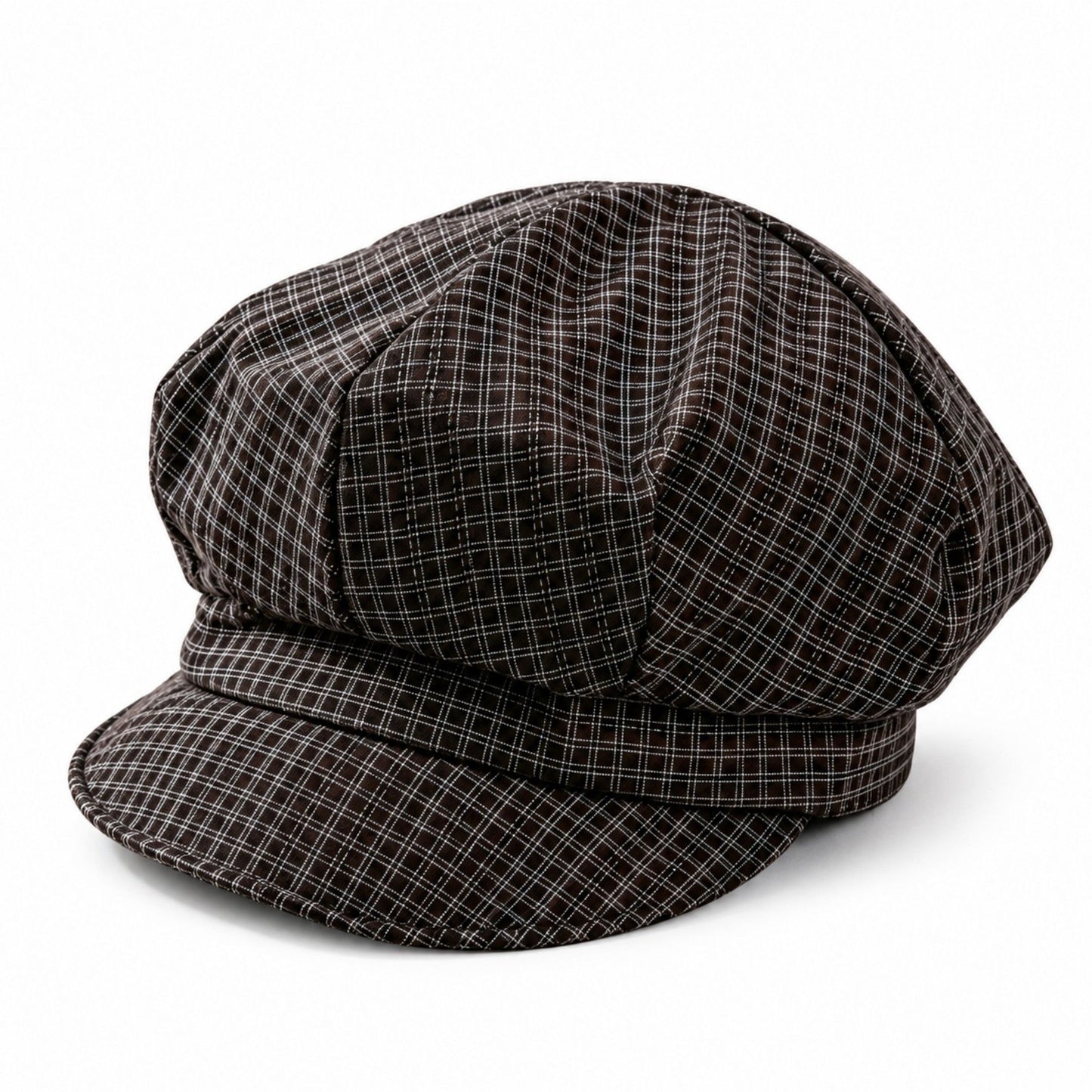Plaid Newsboy Cap with Paneled Crown and Short Brim