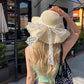 Wide Brim Straw Sun Hat with Sheer Bow Accent and Scalloped Edge