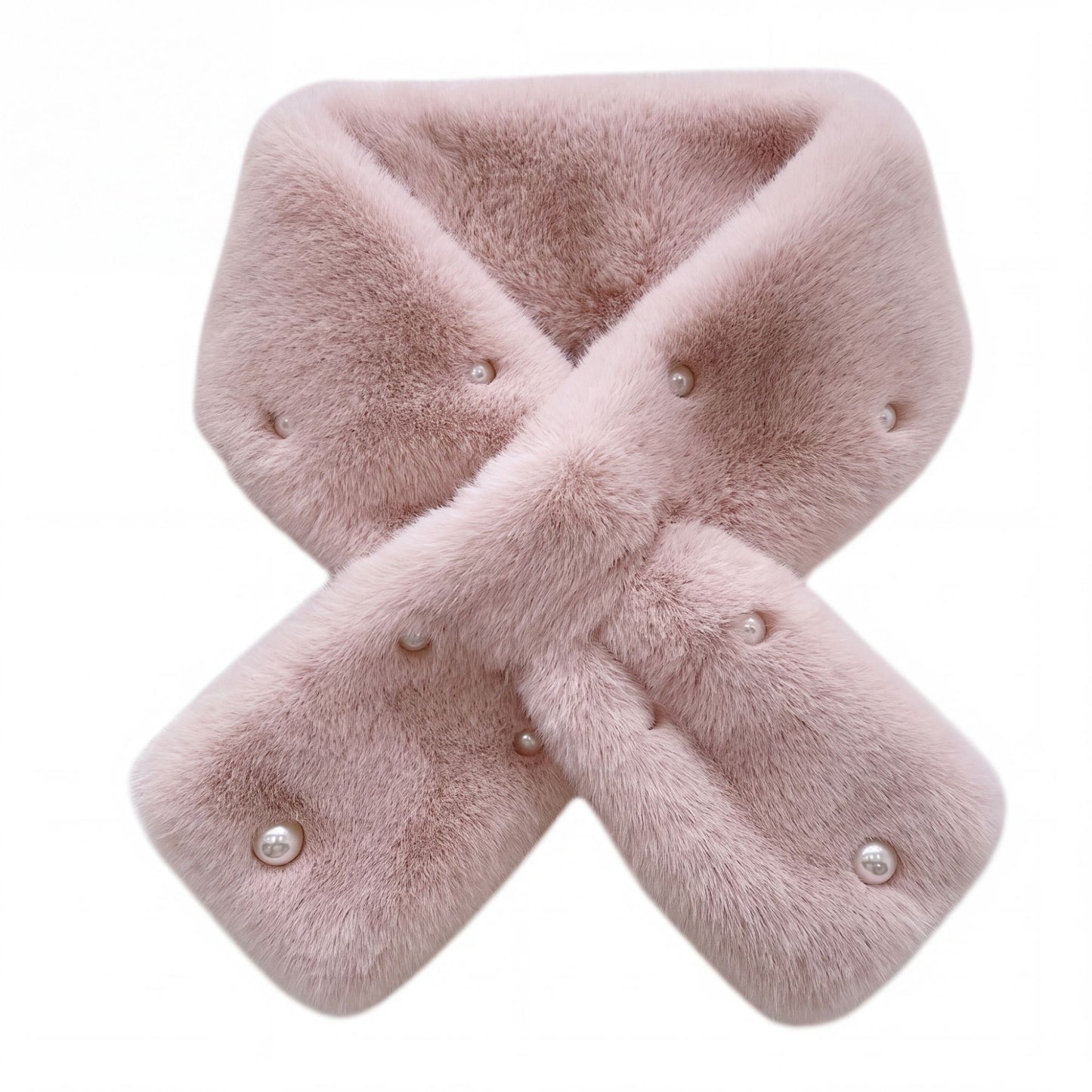 Plush Faux Fur Scarf with Pearl Accents Soft Winter Neck Warmer 31.5*4.7 Inches