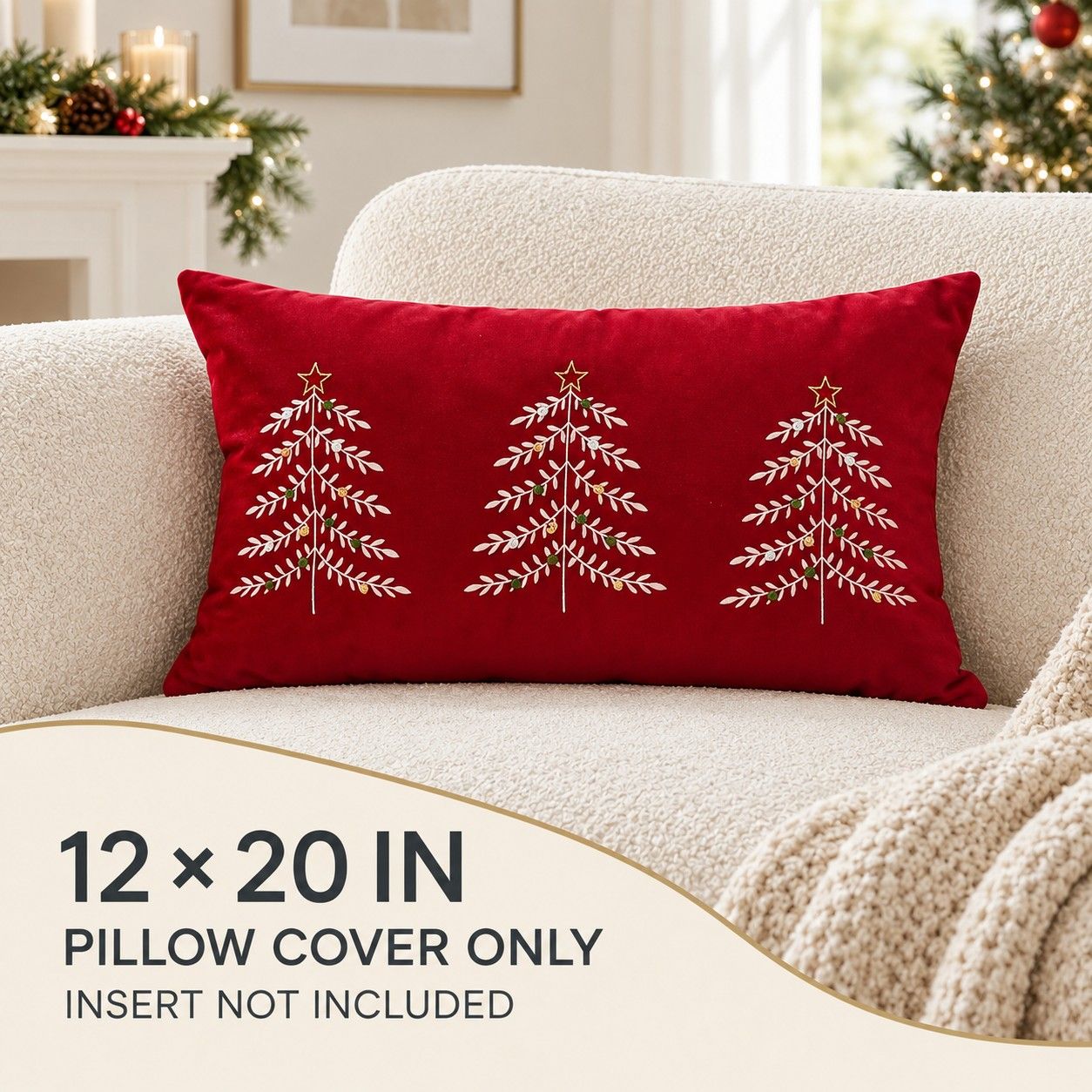 Christmas Tree Embroidered Plush Lumbar Throw Pillow Cover 12 x 20 Inch 1 Pack