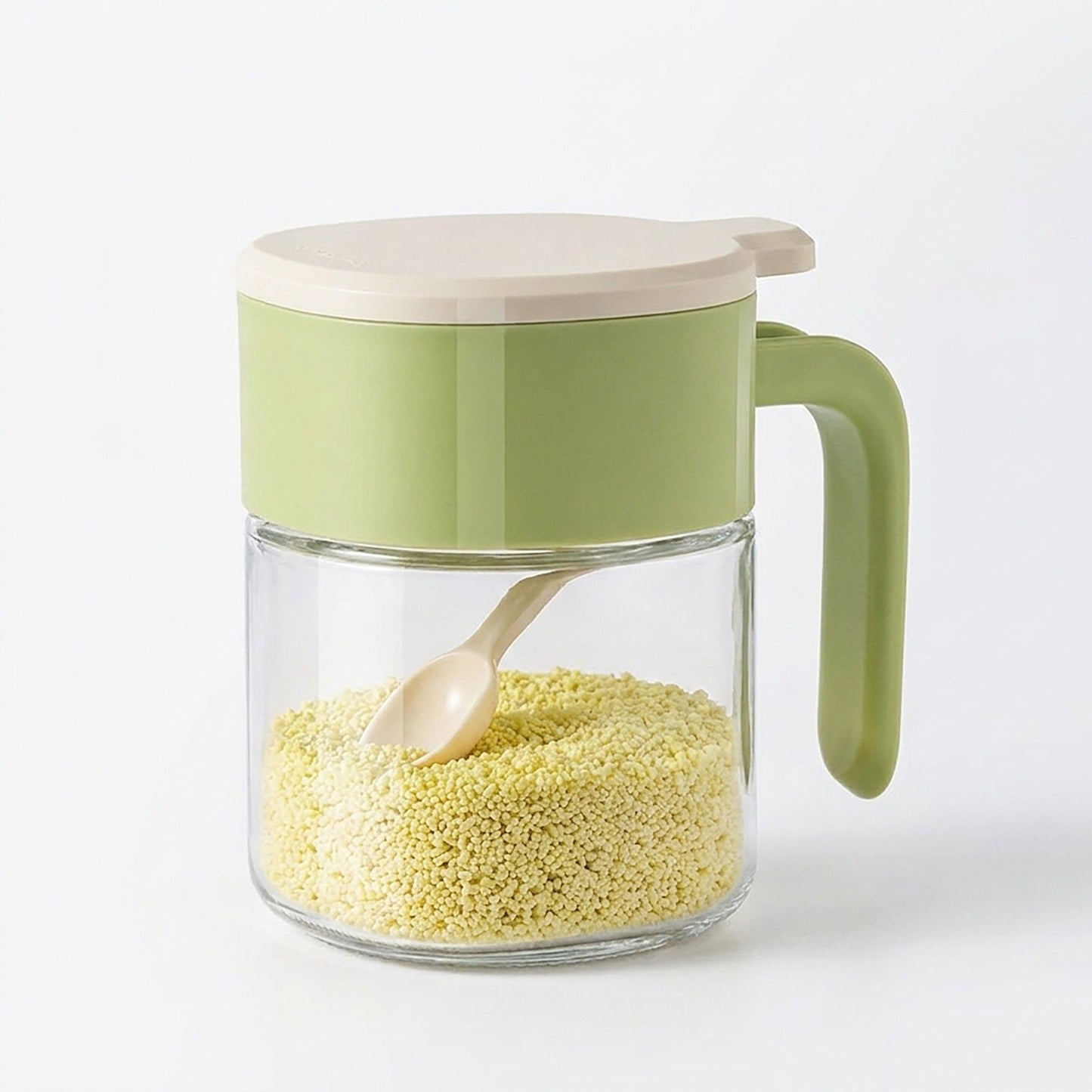 Glass Seasoning Jar with Spoon, Lid and Easy-Grip Handle